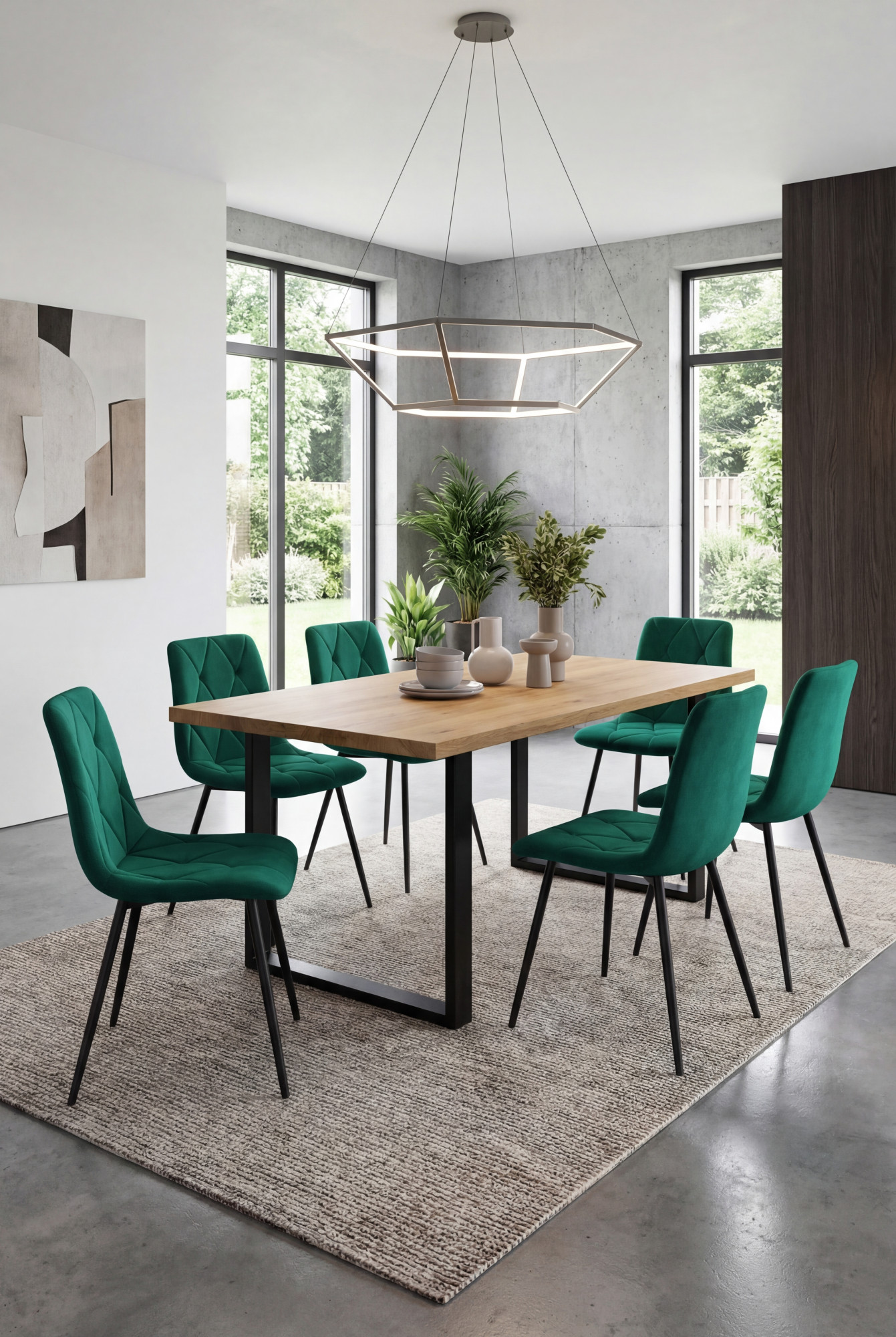 Aranżacja jadalni z zielonymi krzesłami Lumario