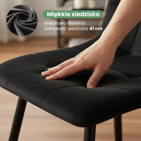 Szczegółowe zdjęcie nr 8 produktu 2x Welurowe krzesło tapicerowane pikowane Czarne NERO Czarne nogi