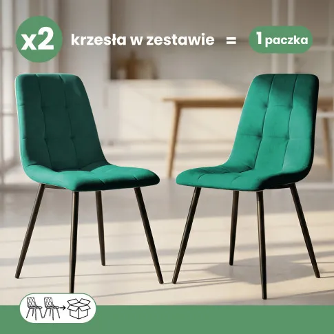 Szczegółowe zdjęcie nr 9 produktu 2x Welurowe krzesło tapicerowane pikowane Butelkowa Zieleń NERO Czarne nogi