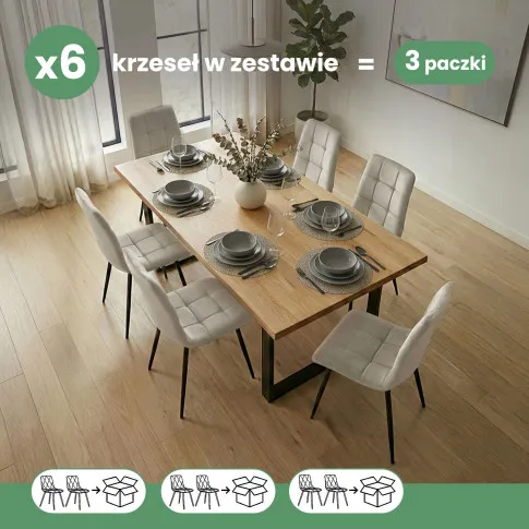 Szczegółowe zdjęcie nr 9 produktu 6x Welurowe krzesło tapicerowane pikowane Beżowe NERO Czarne nogi