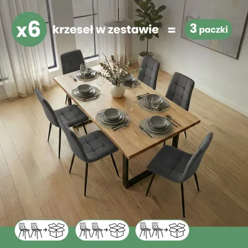 Szczegółowe zdjęcie nr 9 produktu 6x Welurowe krzesło tapicerowane pikowane Ciemny Grafit NERO Czarne nogi