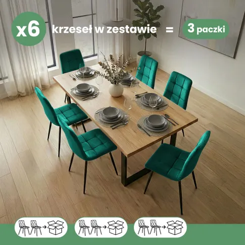 Szczegółowe zdjęcie nr 9 produktu 6x Welurowe krzesło tapicerowane pikowane Butelkowa Zieleń NERO Czarne nogi