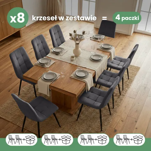 Szczegółowe zdjęcie nr 9 produktu 8x Welurowe krzesło tapicerowane pikowane Ciemny Grafit NERO Czarne nogi