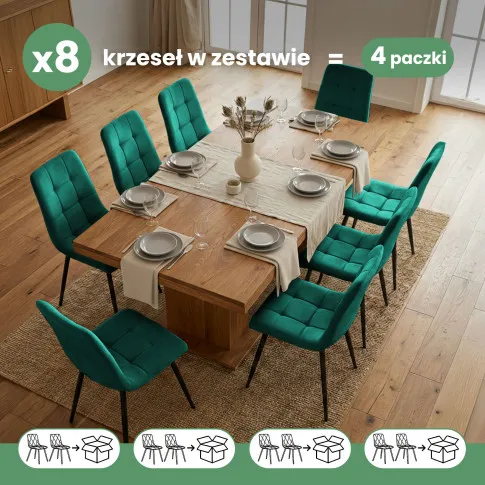 Szczegółowe zdjęcie nr 9 produktu 8x Welurowe krzesło tapicerowane pikowane Butelkowa Zieleń NERO Czarne nogi