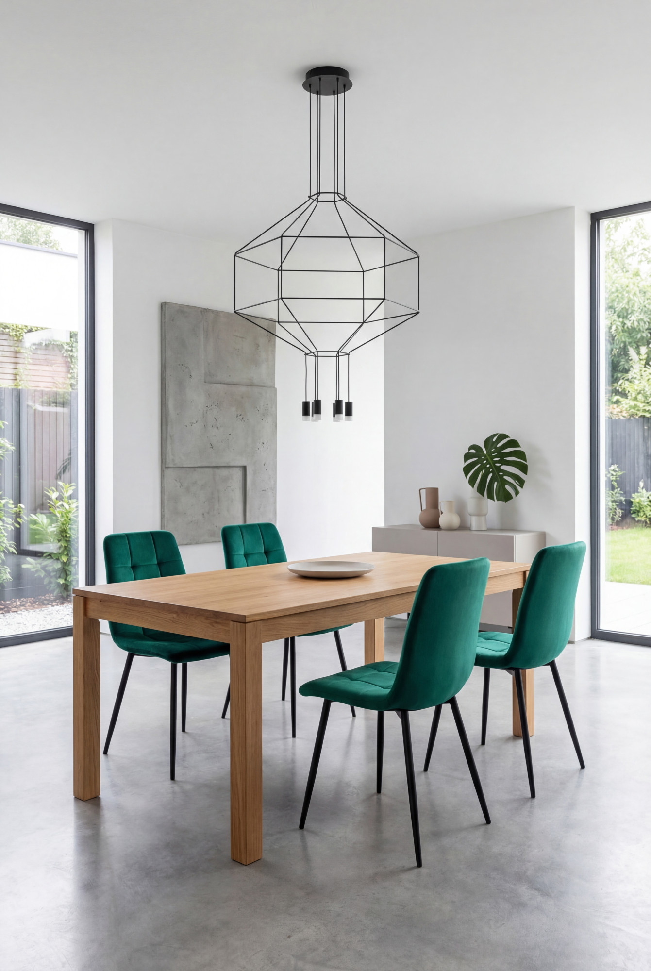 Aranżacja jadalni z zielonymi krzesłami Verlino