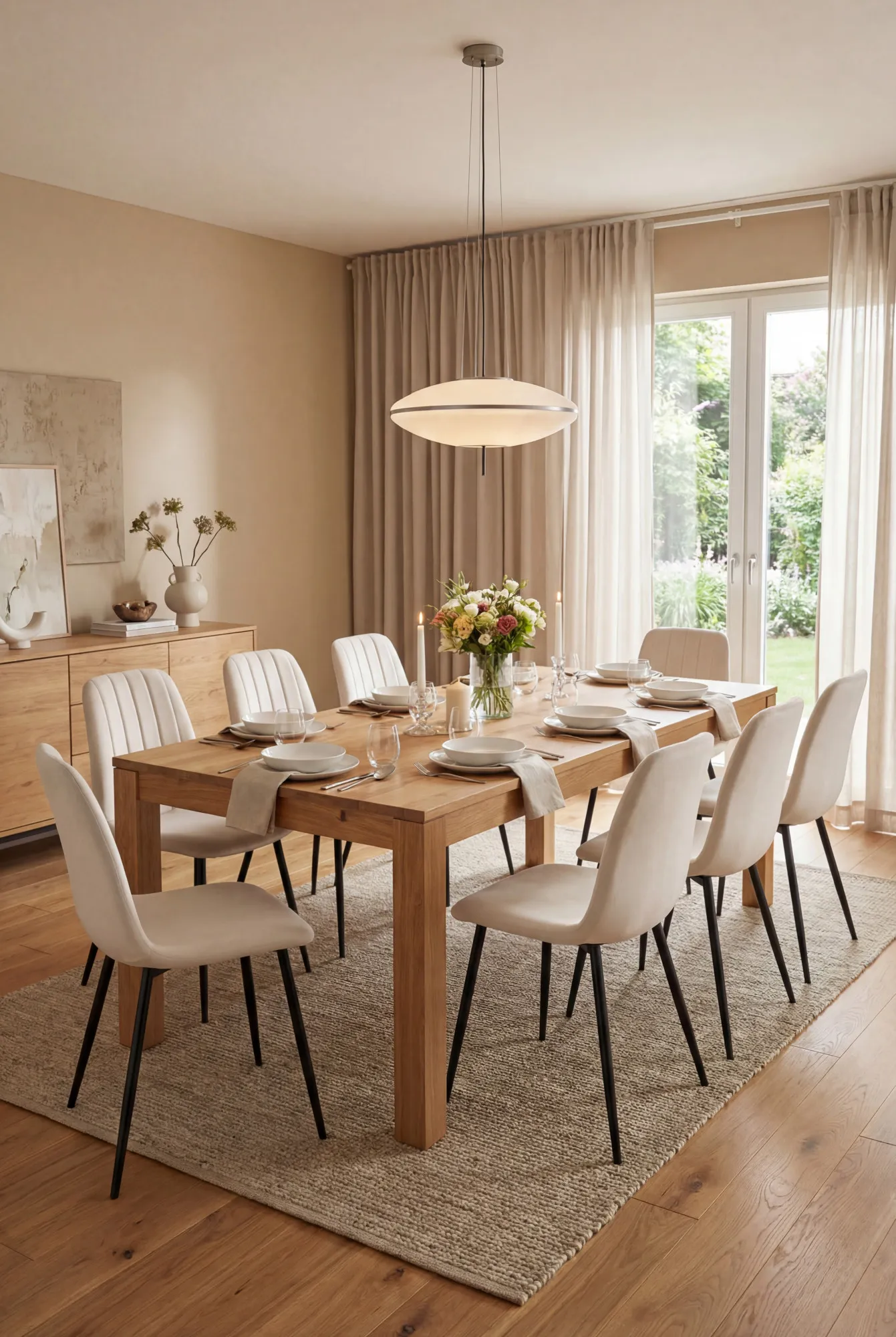 Aranżacja jadalni z kremowymi krzesłami Alveri
