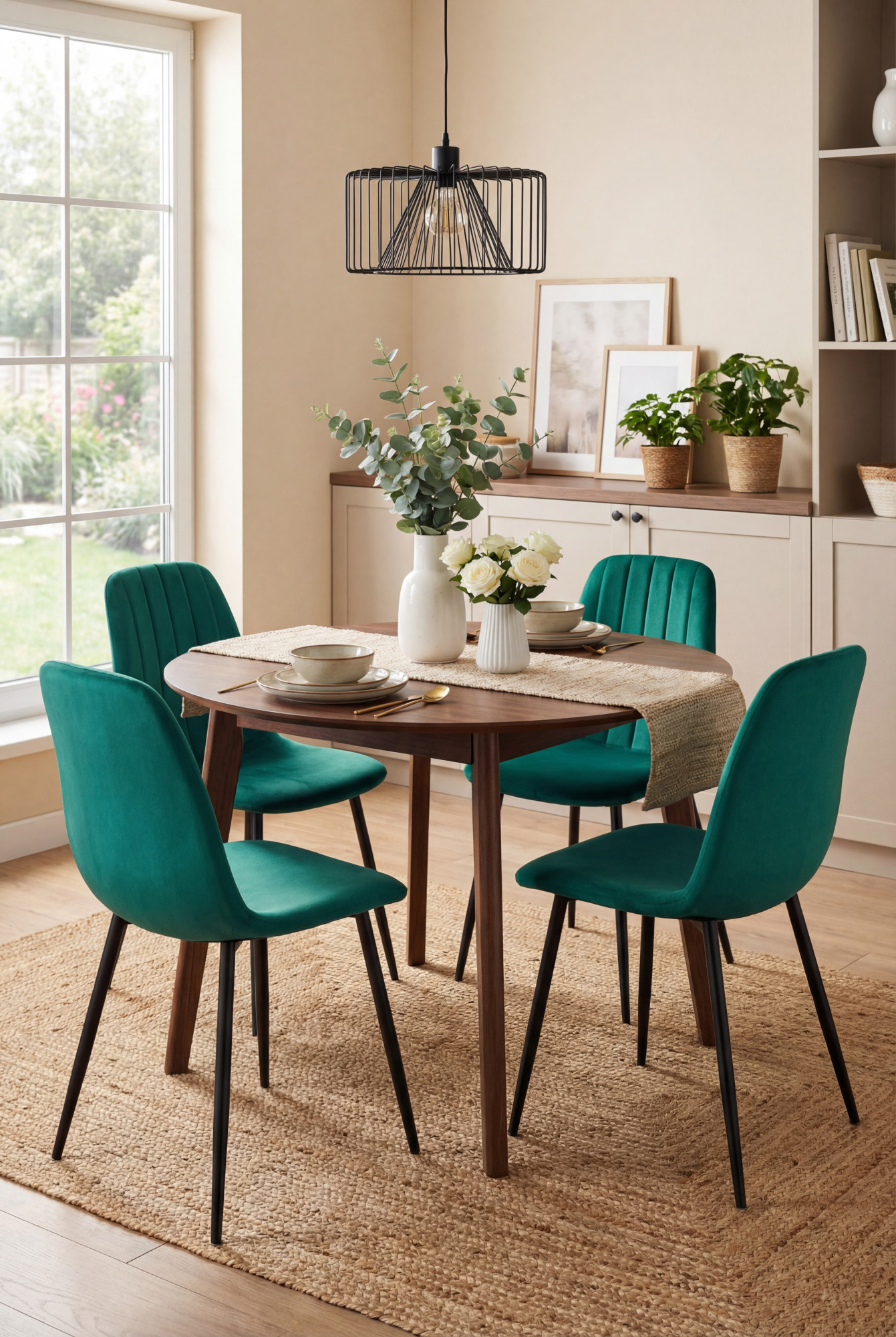 Aranżacja jadalni z zielonymi krzesłami Alveri