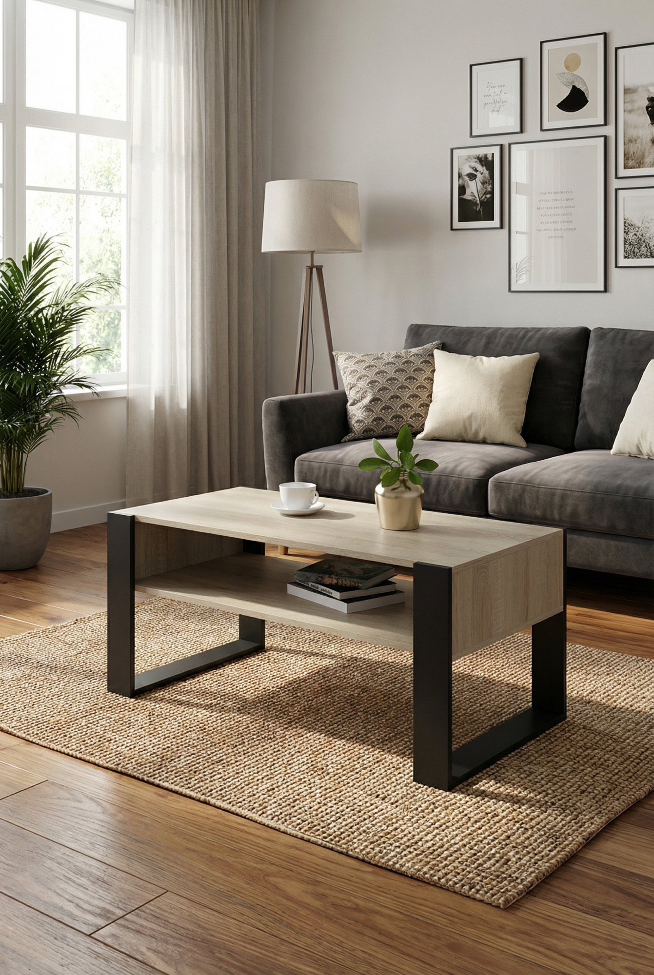 Przykładowa aranżacja z wykorzystaniem prostokątnej ławy kawowej dąb sonoma + czarny Bracio 3X