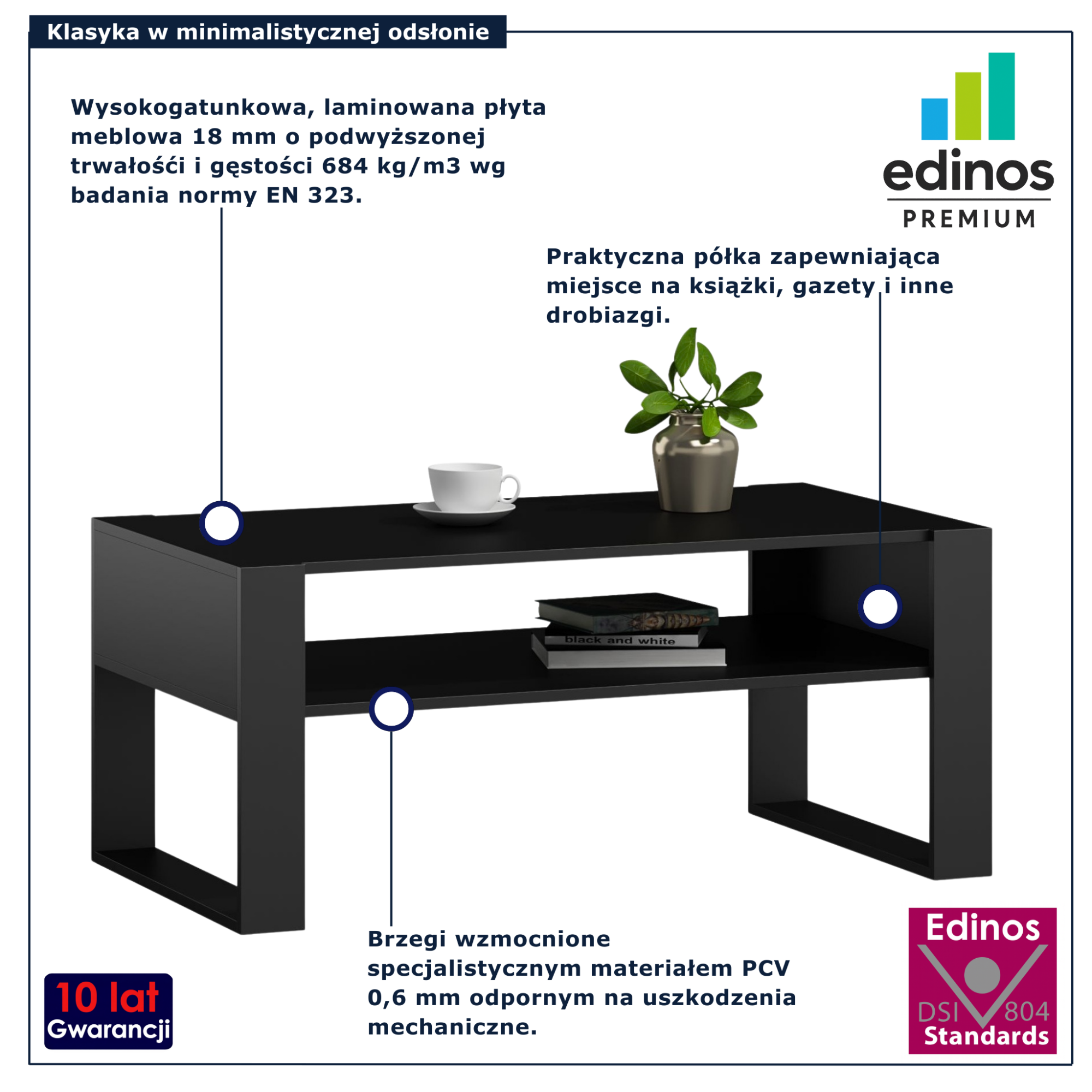 Czarna prostokątna ława kawowa z półką Bracio 3X