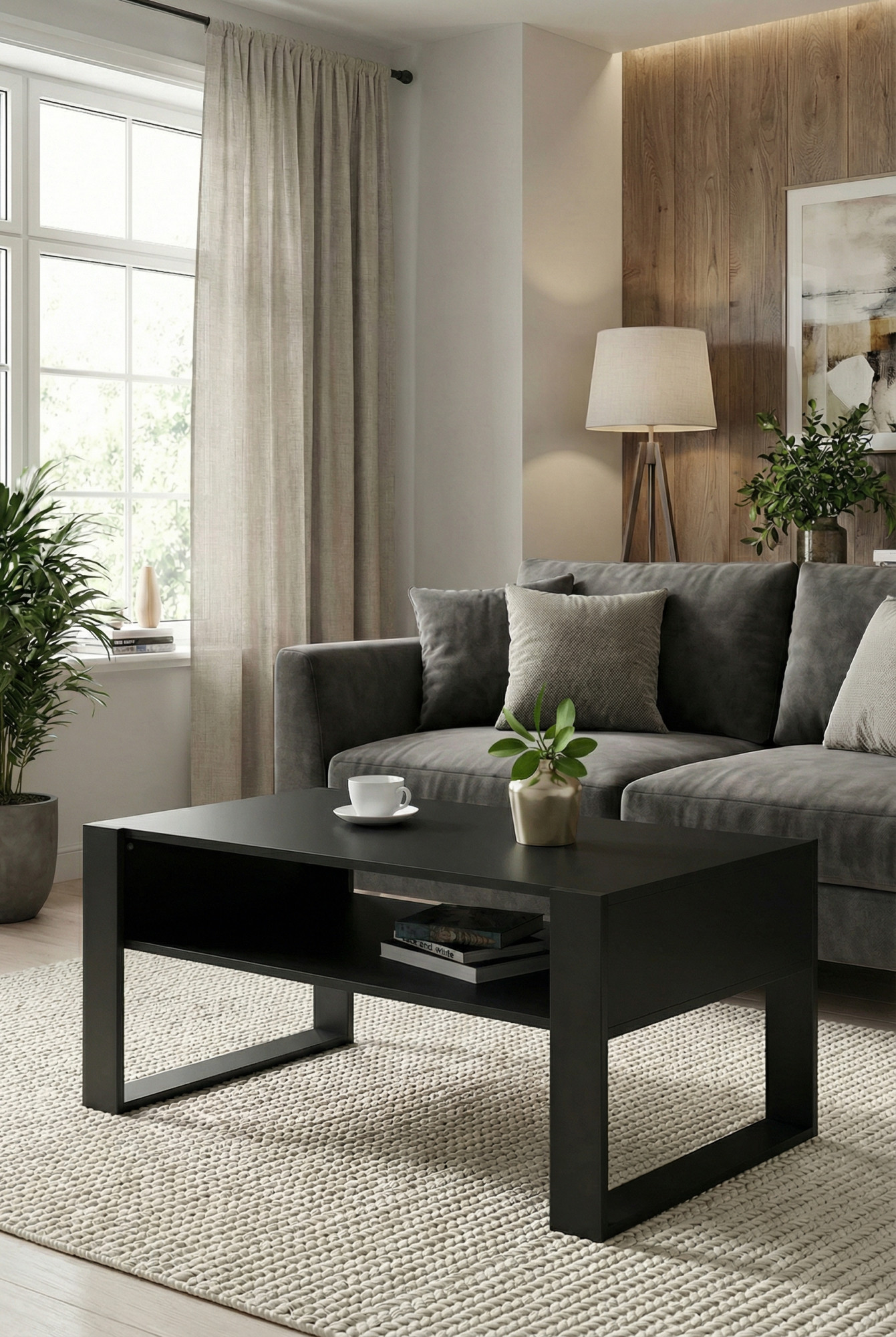 Nowoczesny salon z wykorzystaniem czarnej ławy kawowej Bracio