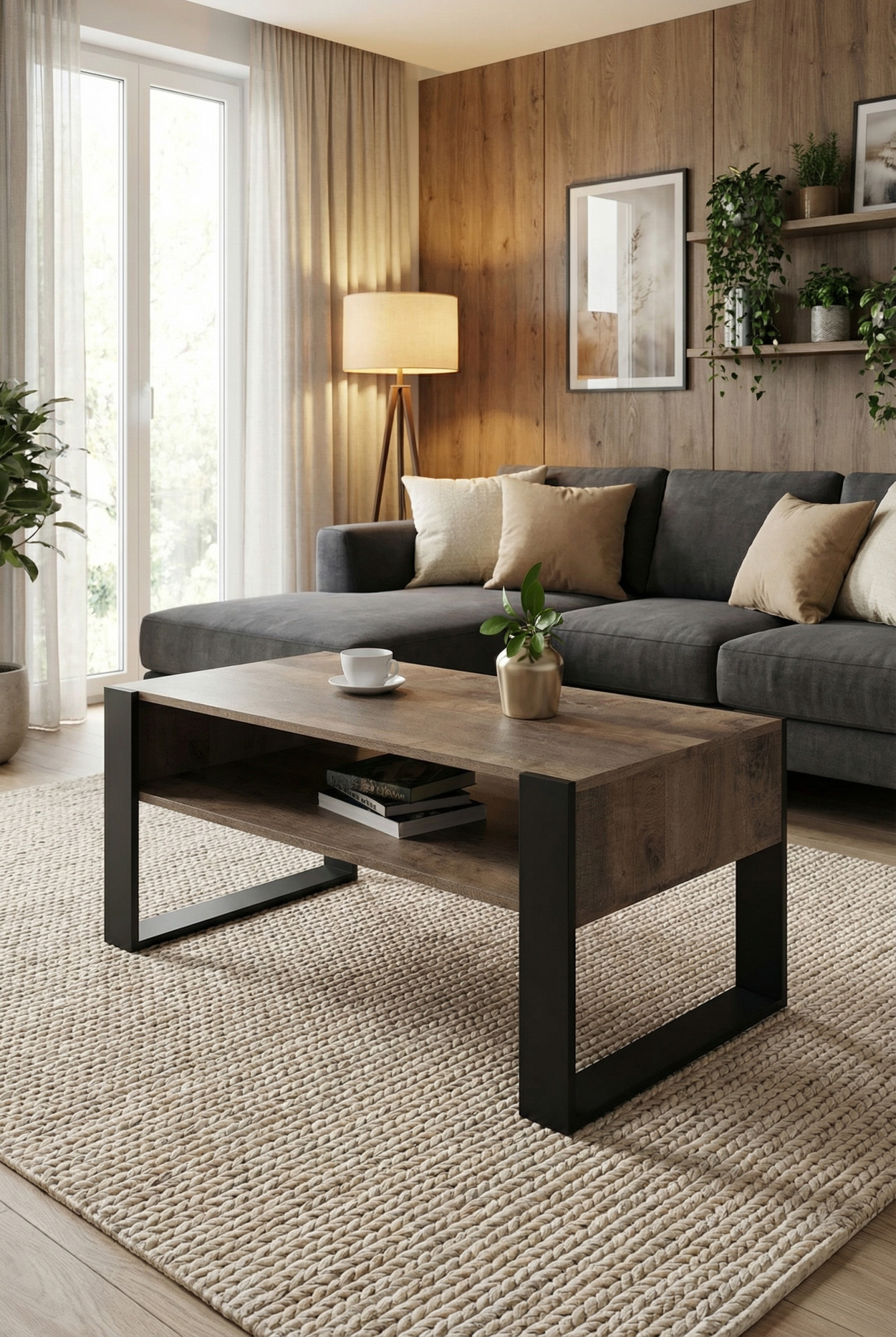 Wnętrze z rustykalną ławą kawową Bracio 3X dąb kolonialny