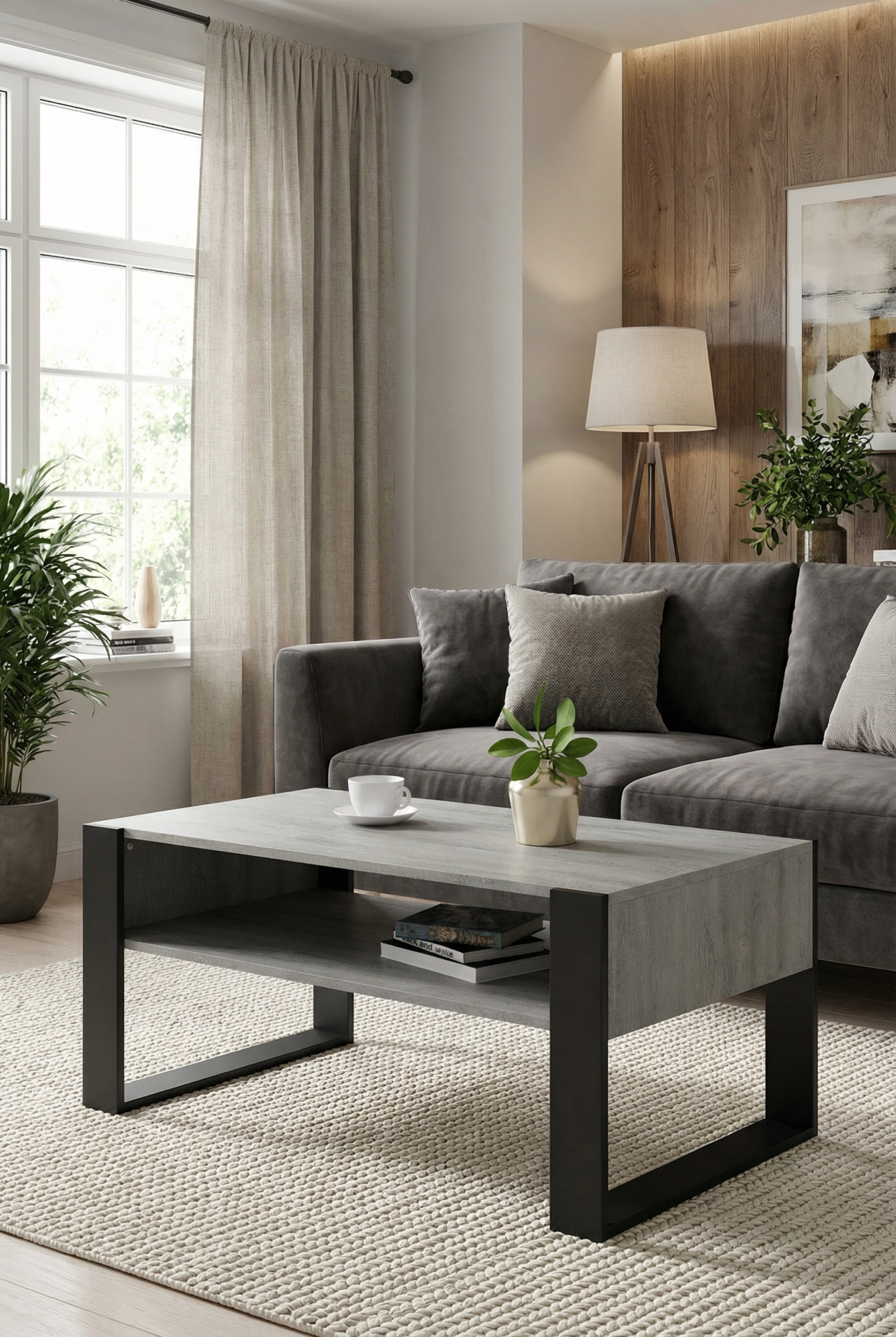 Salon z stolikiem kawowym Bracio 3X beton + czarny