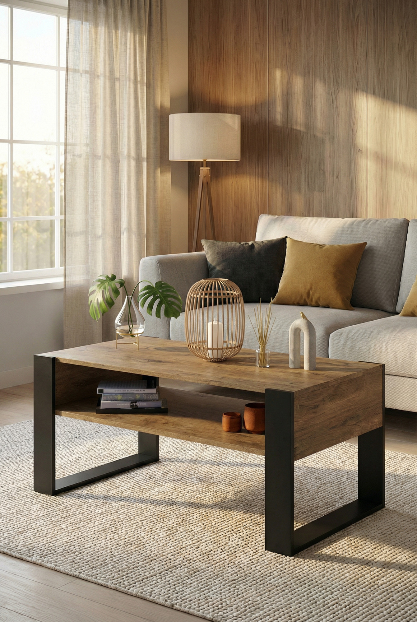 Wnętrze z prostokątnym stolikiem kawowym Bracio 3X dąb wotan