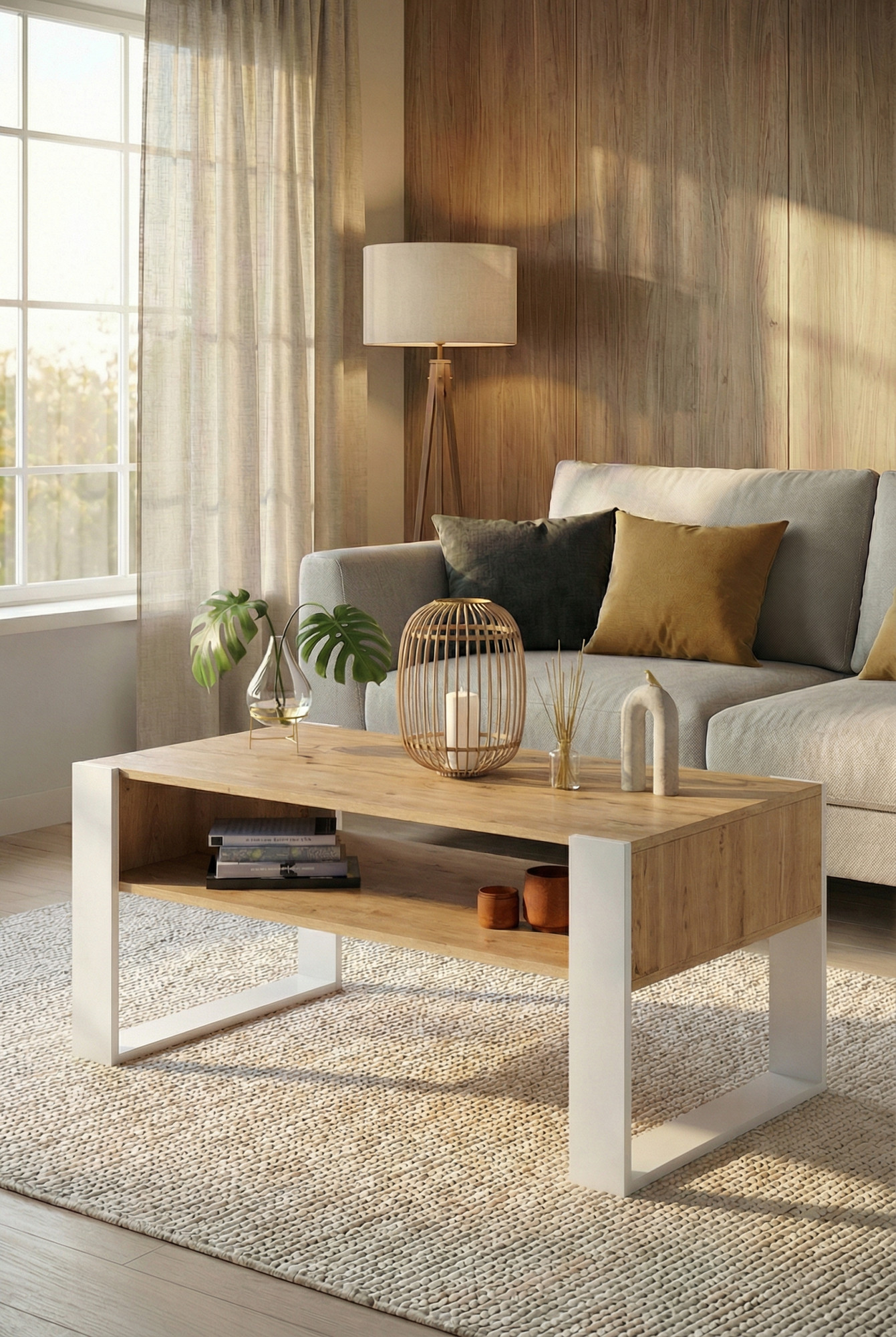 Wnętrze z stolikiem kawowym Bracio 3X dąb sonoma + biały