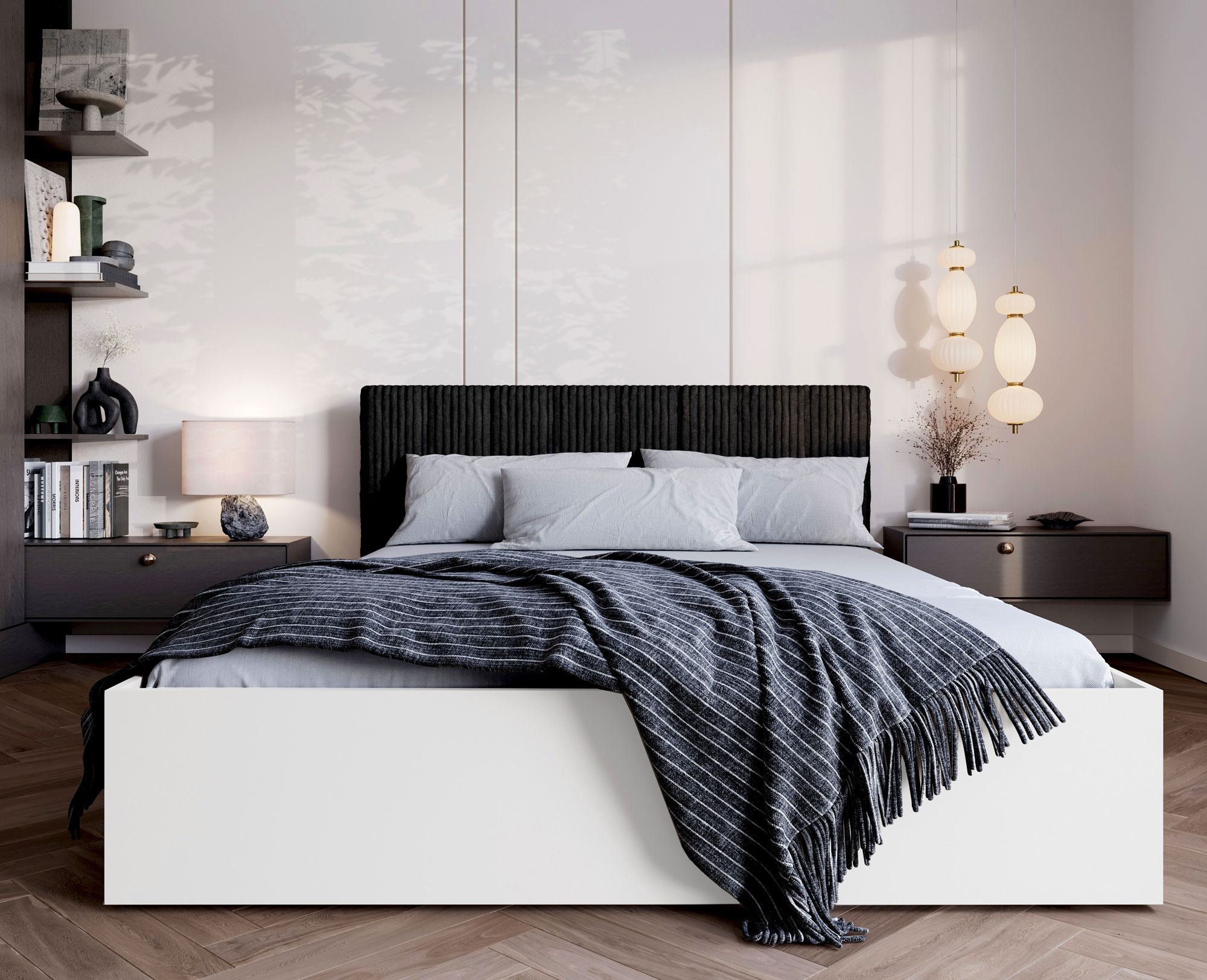 Aranżacja z wykorzystaniem białego łóżka z czarnym sztruksowym zagłówkiem Werigio 3X