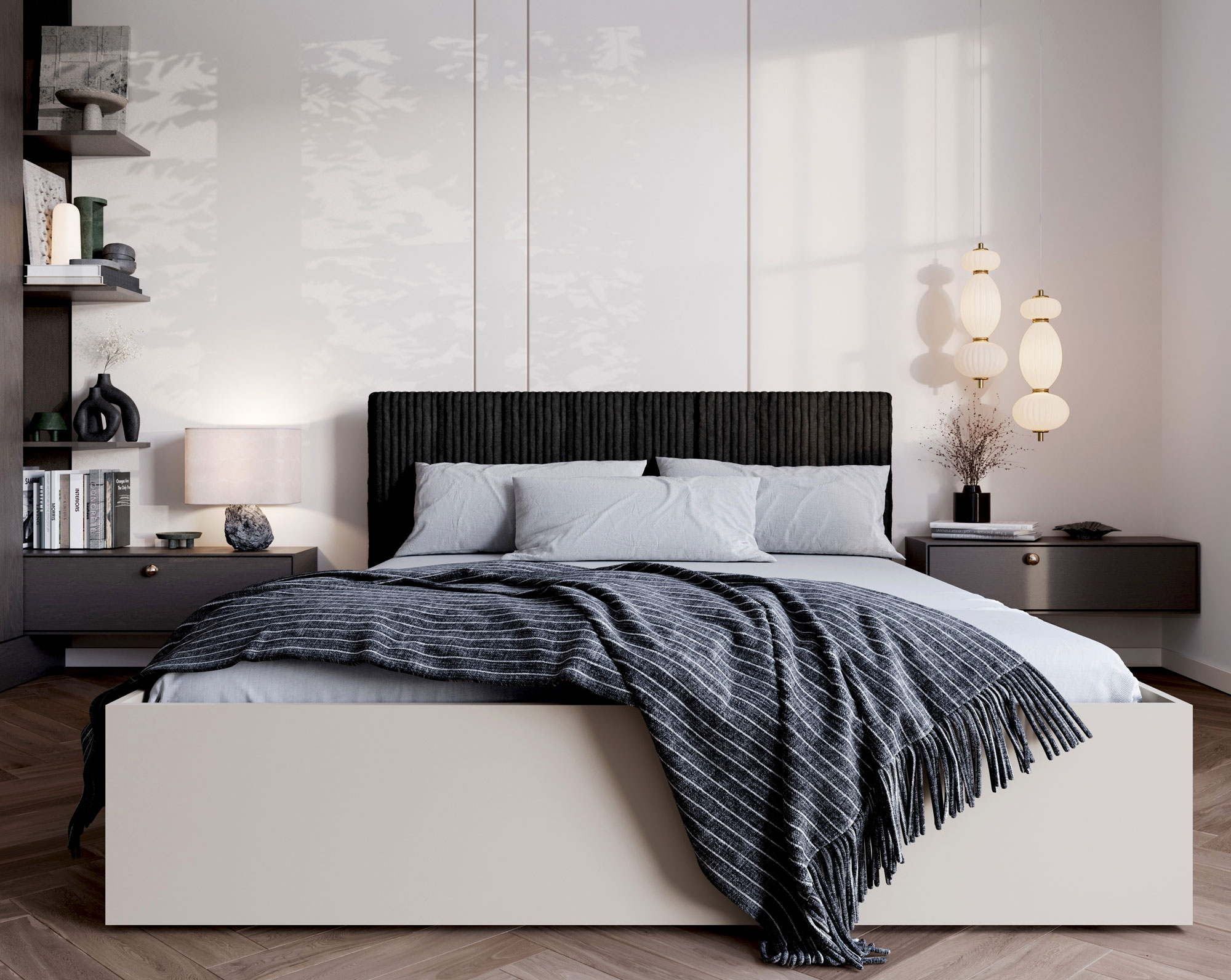 Wizualizacja wnętrza z wykorzystaniem kaszmirowego łóżka z czarnym sztruksowym zagłówkiem Werigio 4X