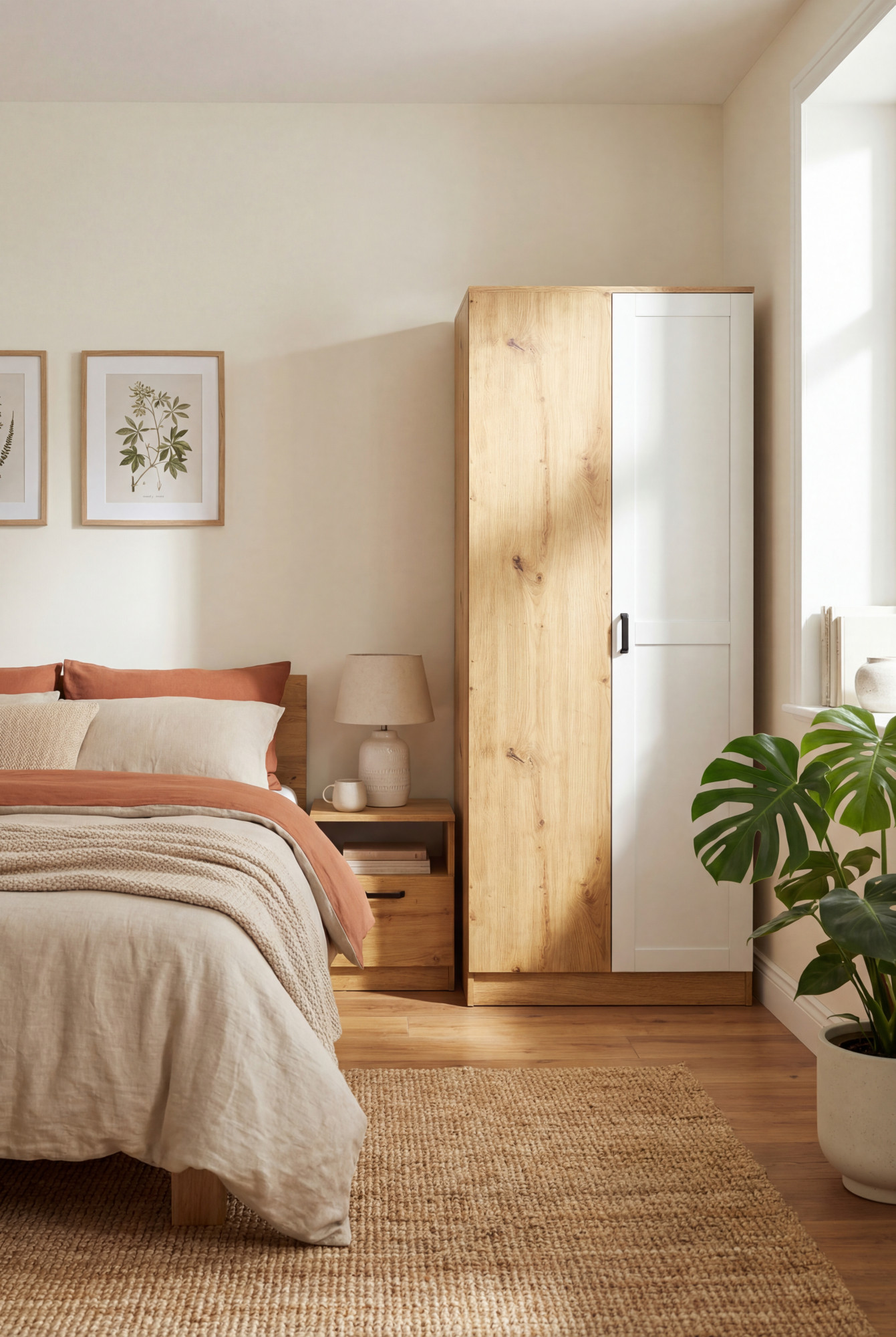 Aranżacja sypialni z wykorzystaniem szafy Cronix dąb artisan + biały