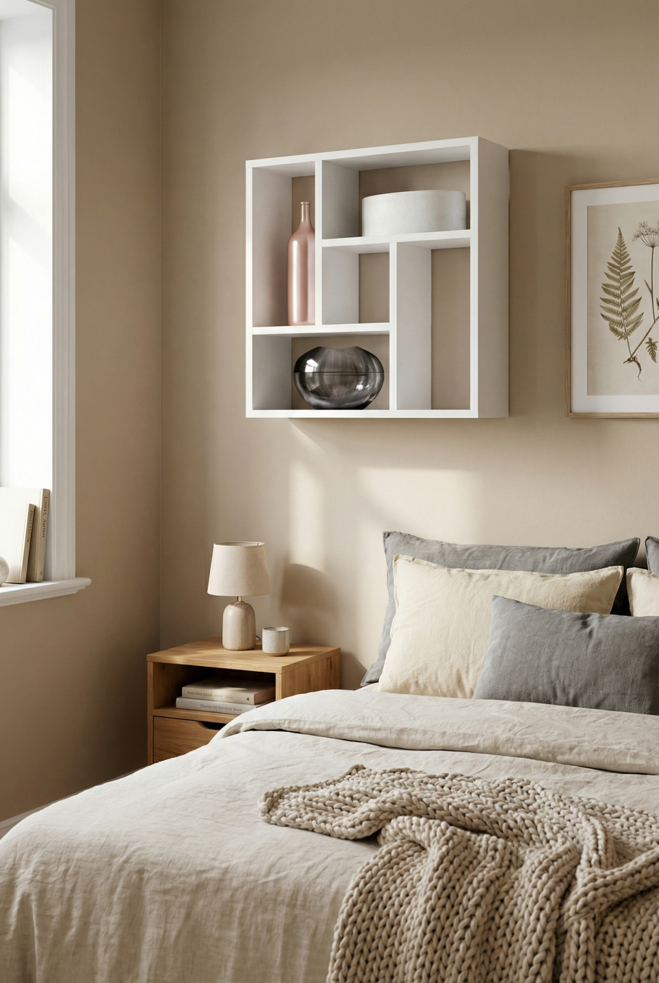 Sypialnia z białą półką wiszącą Etiz