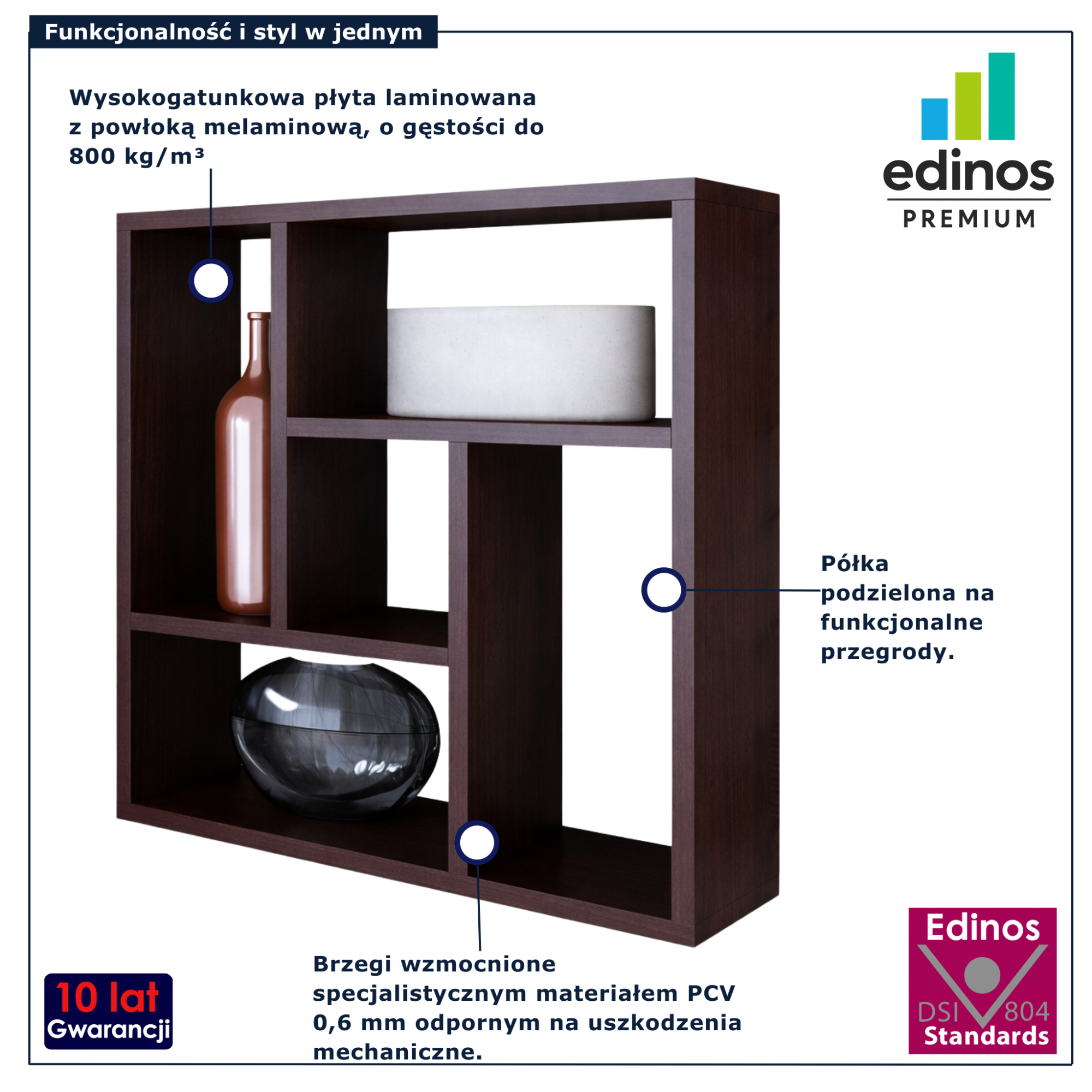 Kwadratowa półka ścienna Etiz wenge do salonu