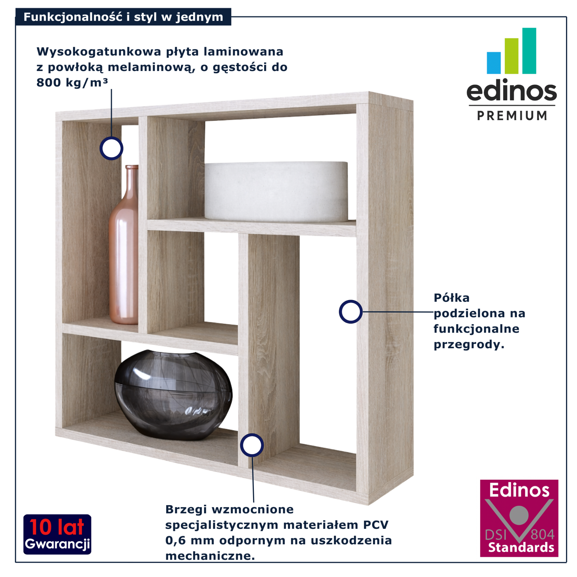 Kwadratowa półka ścienna Etiz dąb sonoma do sypialni