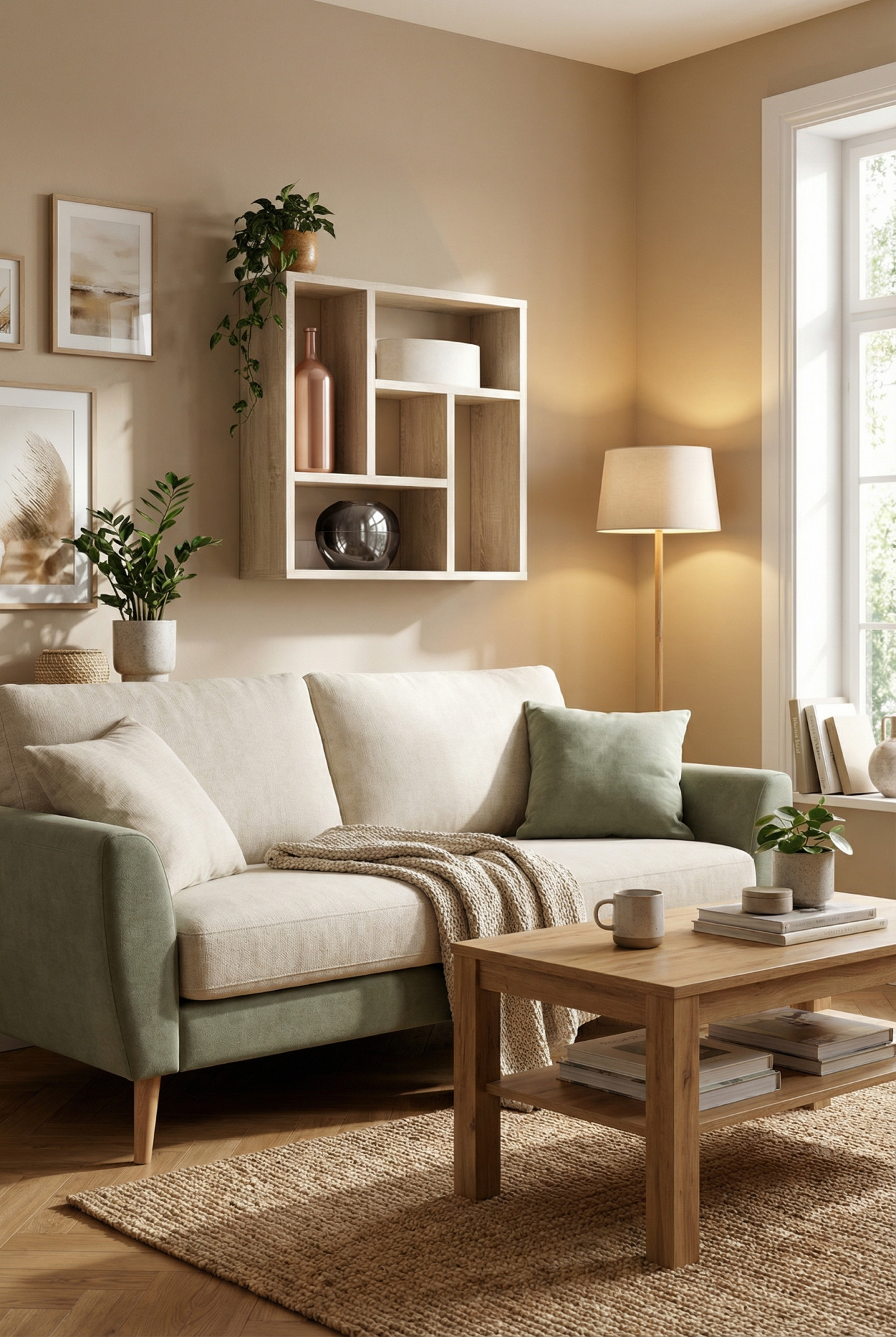 Salon ze skandynawską półka wiszącą Etiz dąb sonoma