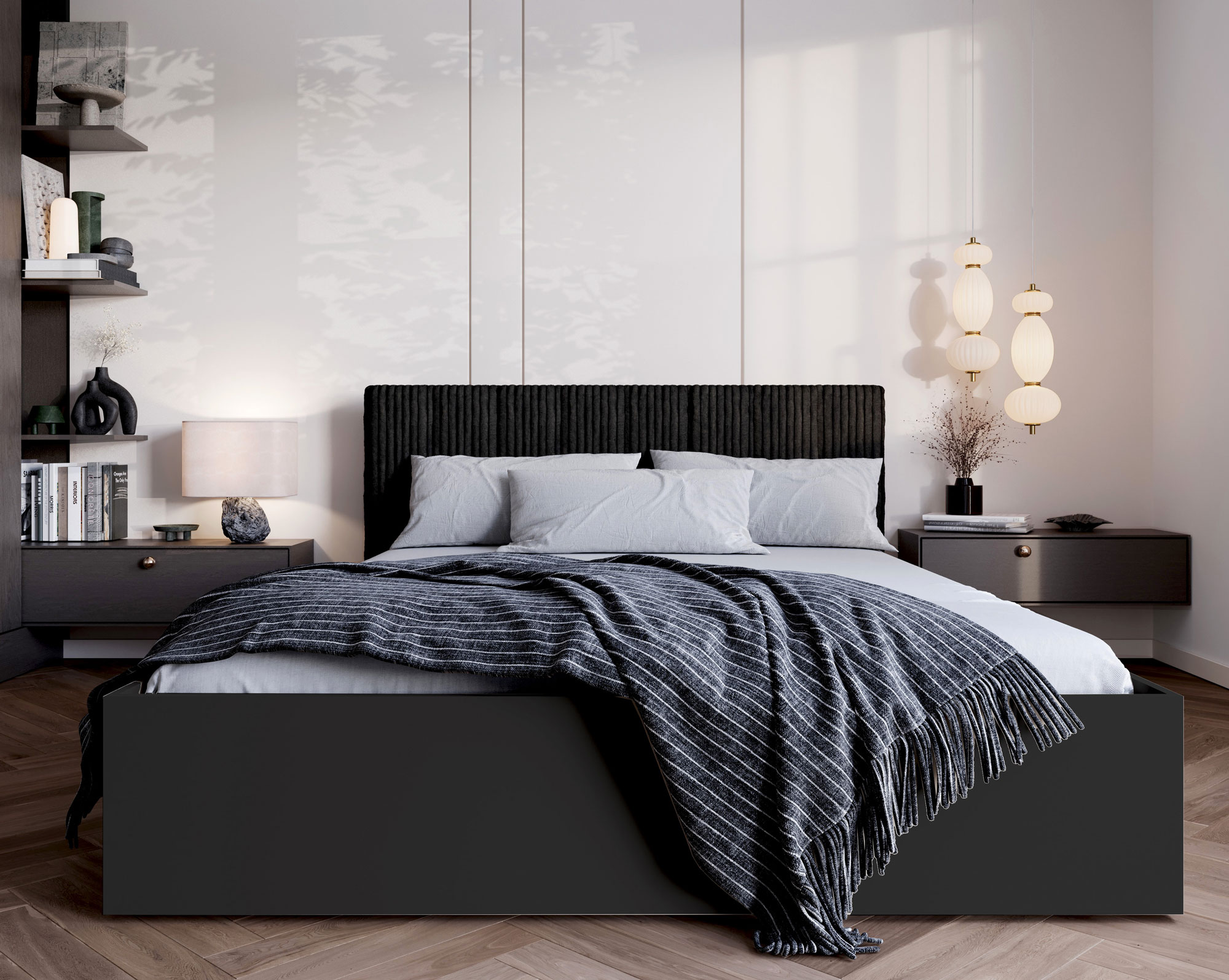 Sypialnia z wykorzystaniem czarnego łóżka ze sztruksowym zagłówkiem Werigio 3X
