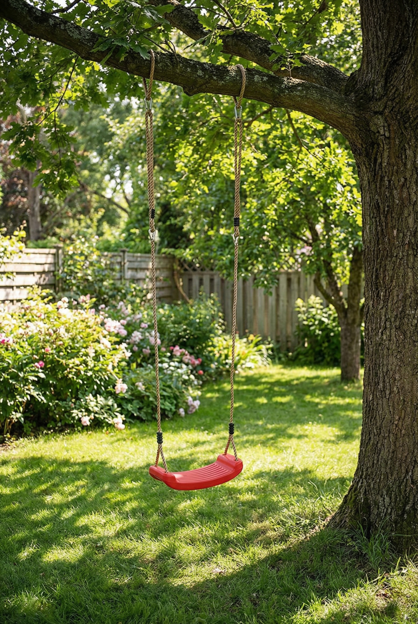 Przykładowa aranzacja z wykorzystaniem czerwonej huśtawki Exod w ogrodzie