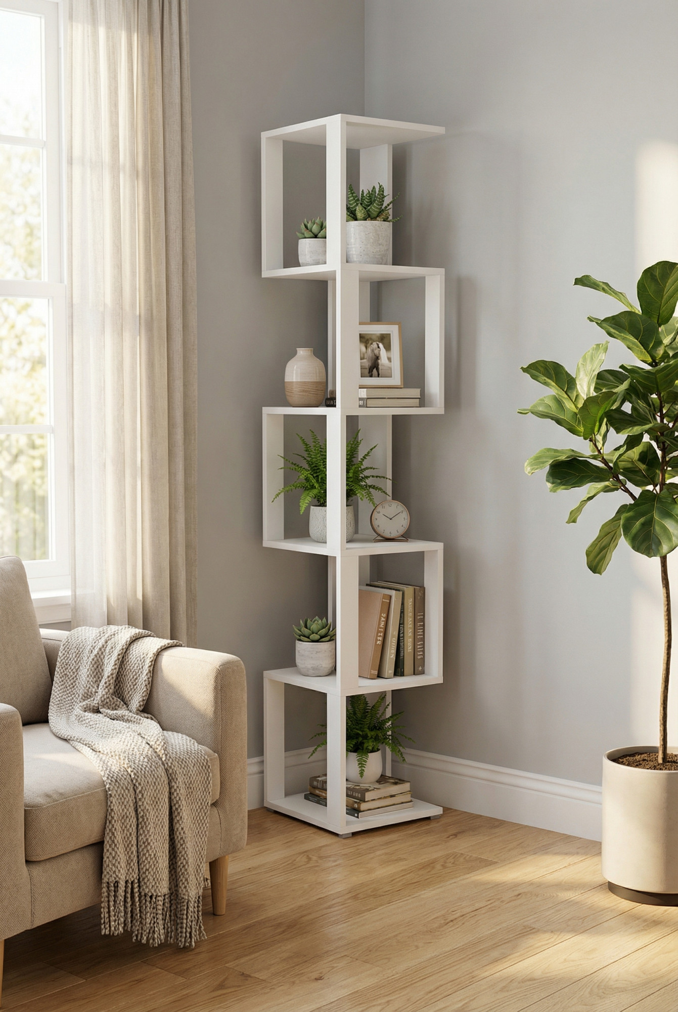 Salon z wykorzystaniem białego regału na książki Asendri 7X