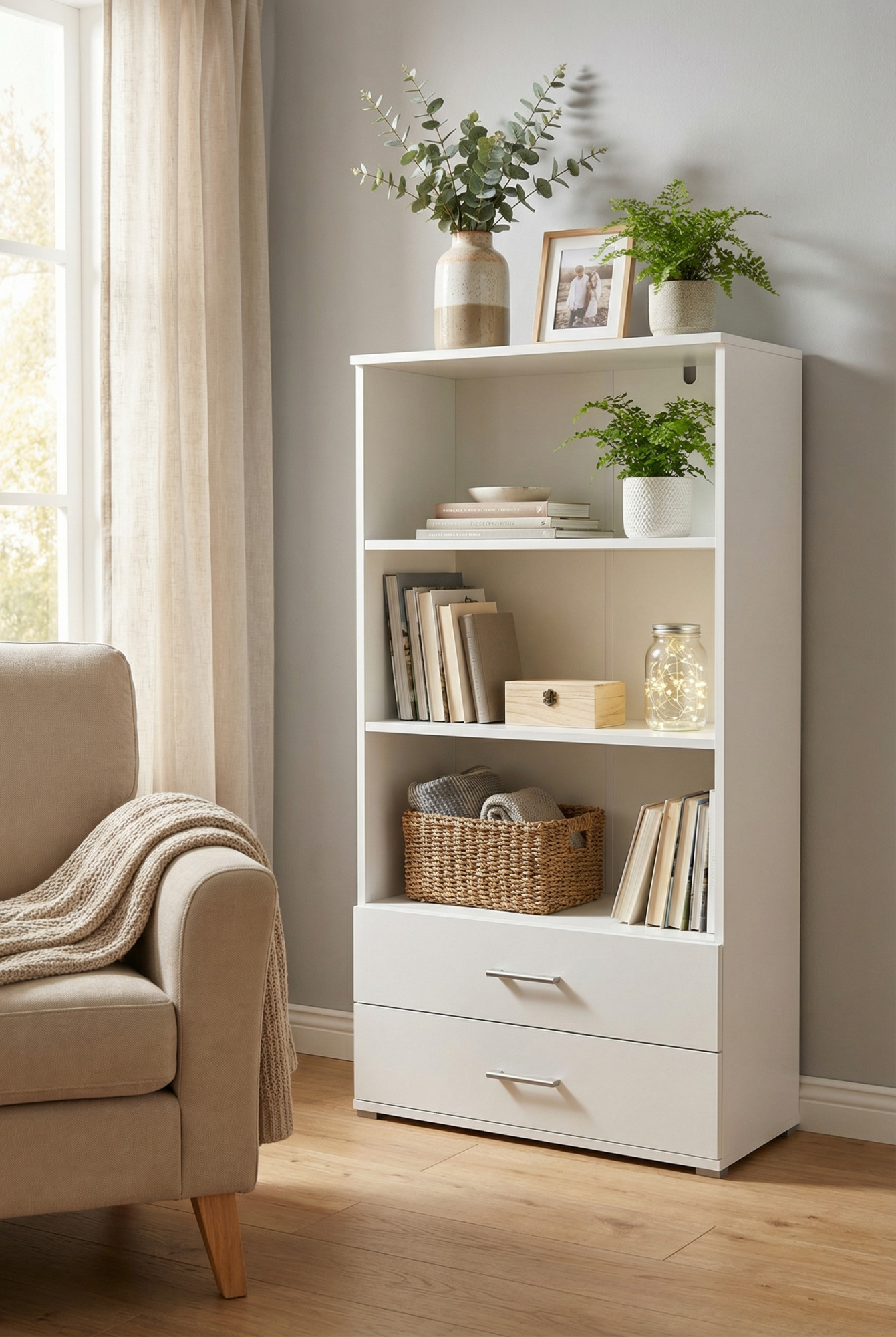 Salon z białym regałem z szufladami Asendri 8X