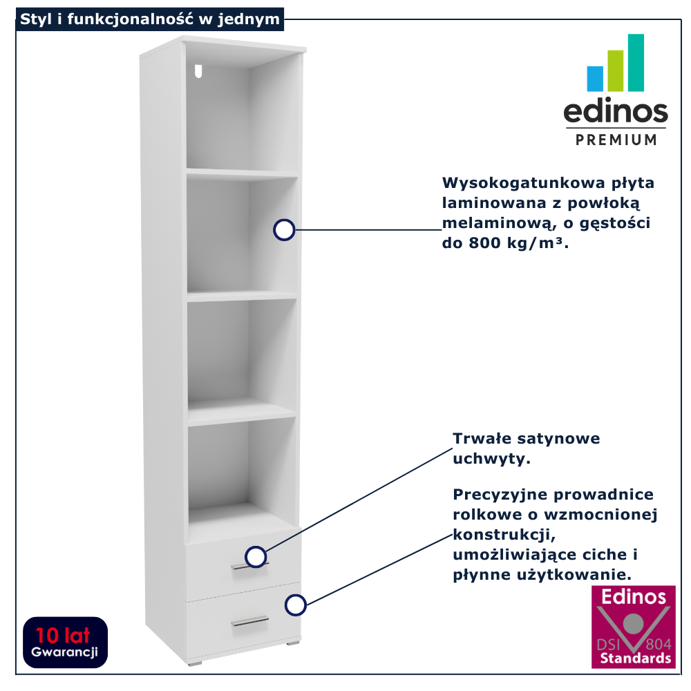 Biały wąski regał słupek z 2 szufladami Asendri 9X