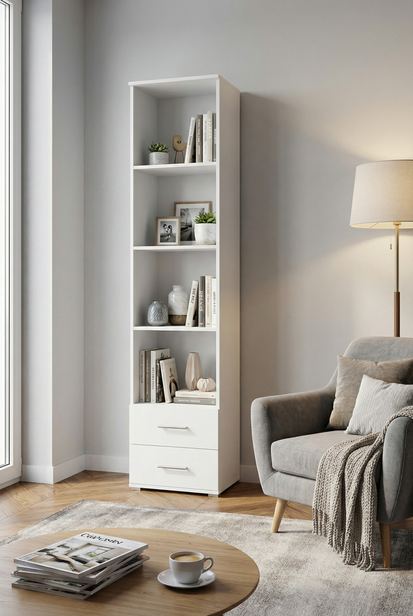 Salon z wykorzystaniem regału słupek z 2 szufladami Asendri 9X biały