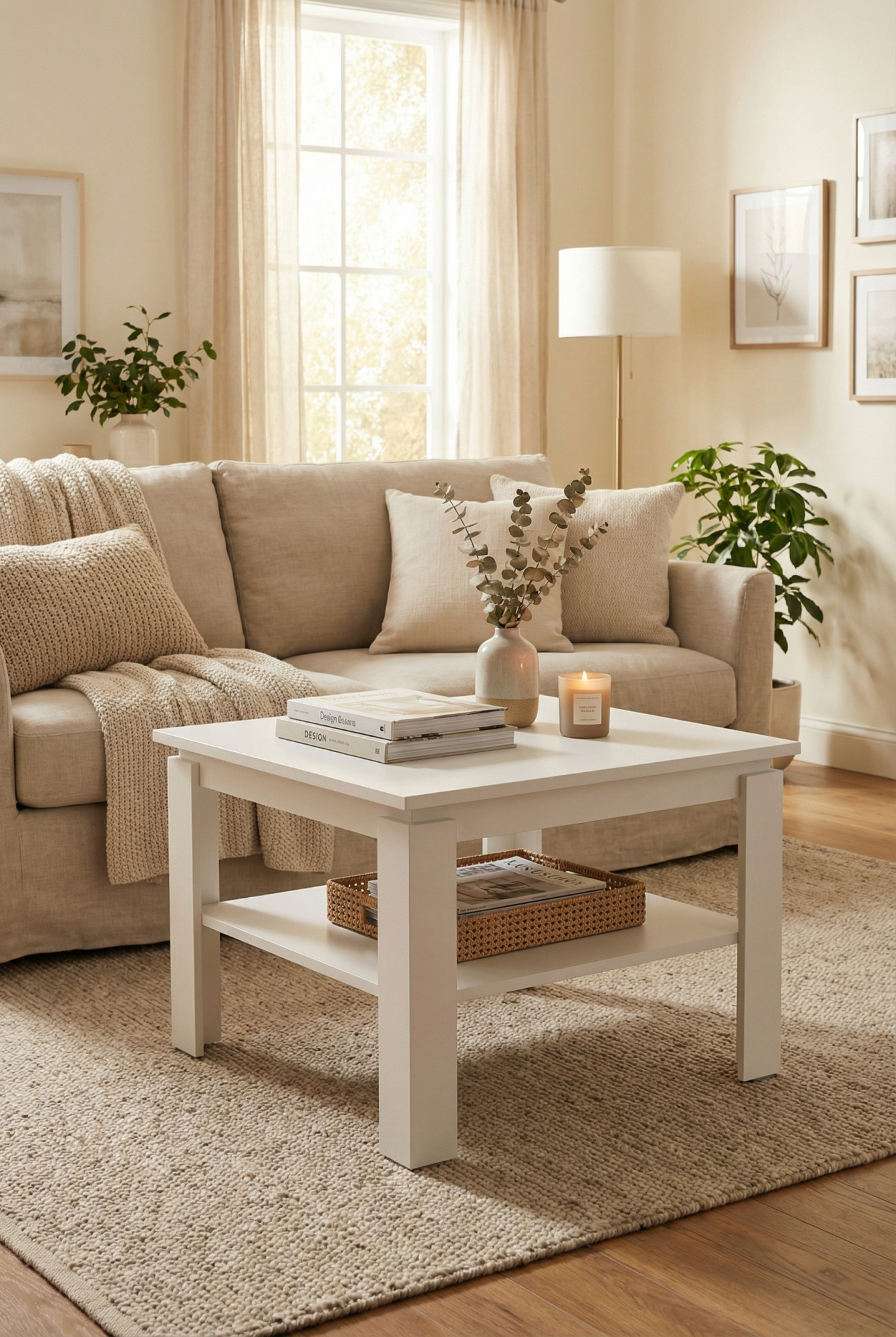 Salon z wykorzystaniem białego stolika kawowego Asendri 11X