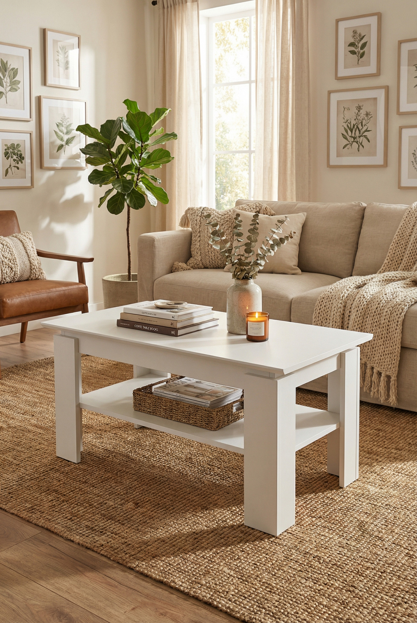 Salon z wykorzystaniem białej ławy z półką Asendri 12X