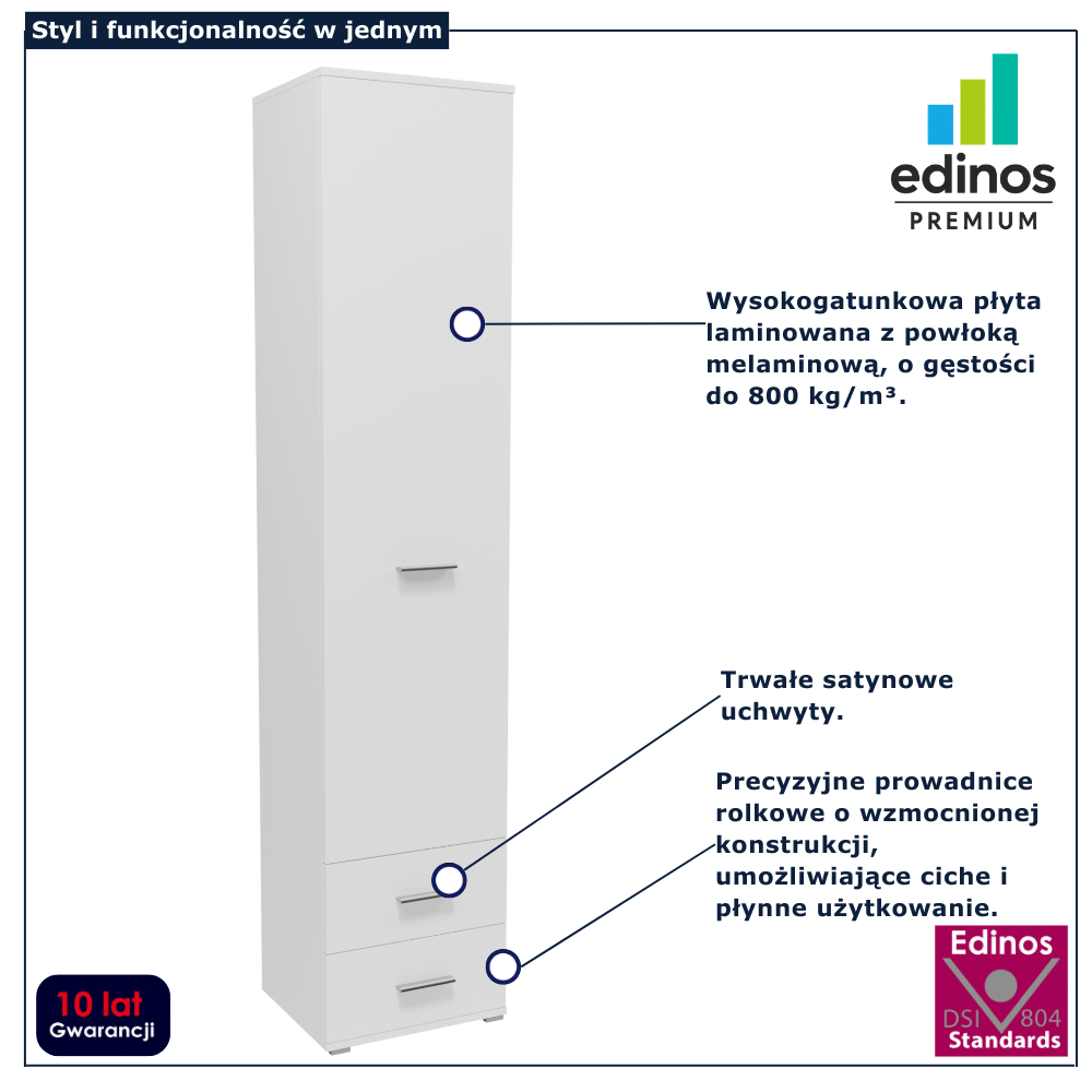 Biała szafa regał zamykany z szufladami Asendri 15X