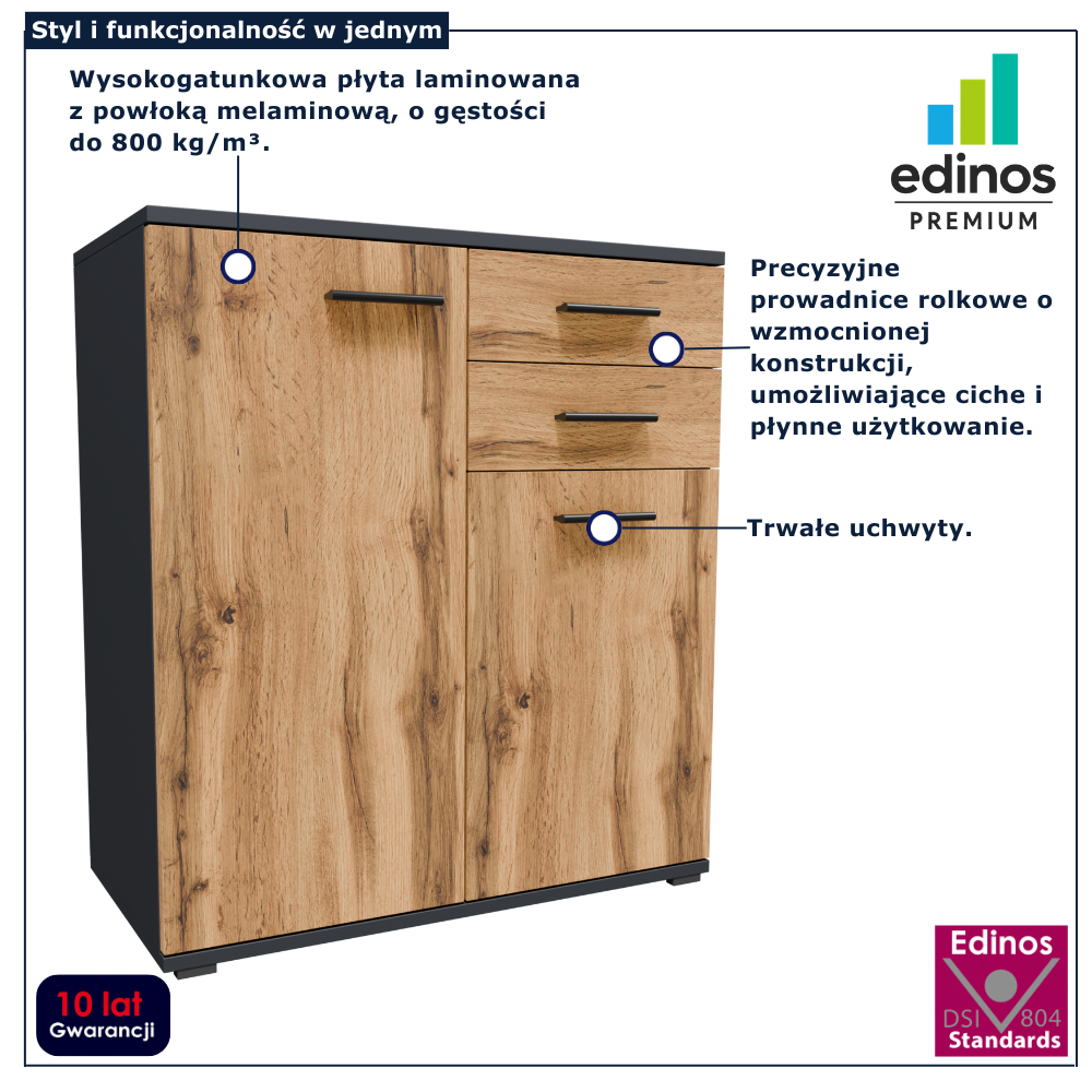 Komoda nowoczesna grafit + dąb wotan Asendri 3X