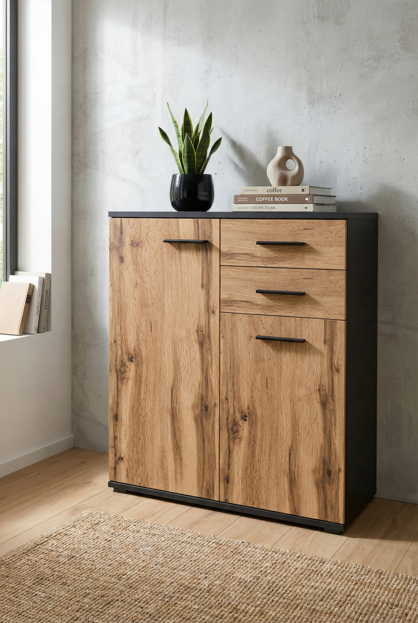 Wnętrze z wykorzystaniem komody z szufladami i półkami Asendri 3X grafit + dąb wotan