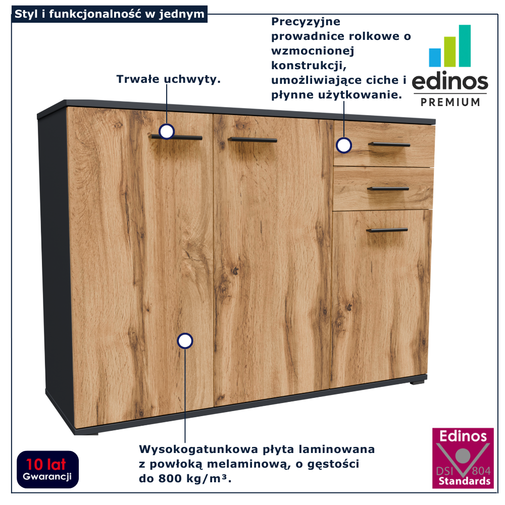 Komoda grafit + dąb wotan 100 cm na ubrania Asendri 4X