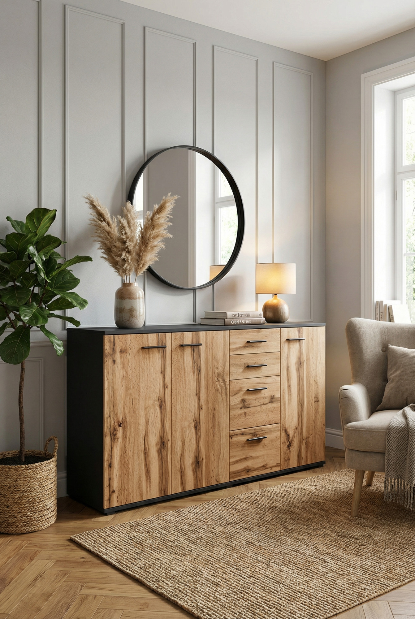 Aranżacja z wykorzystaniem komody z półkami i szufladami Asendri 5X grafit + dąb wotan