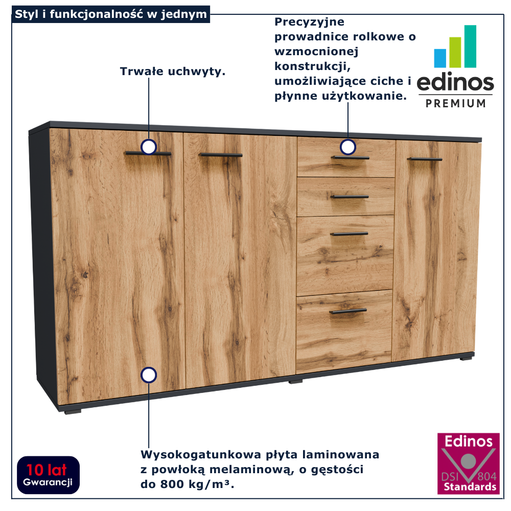 Długa komoda na ubrania Asendri 5X grafit + dąb wotan