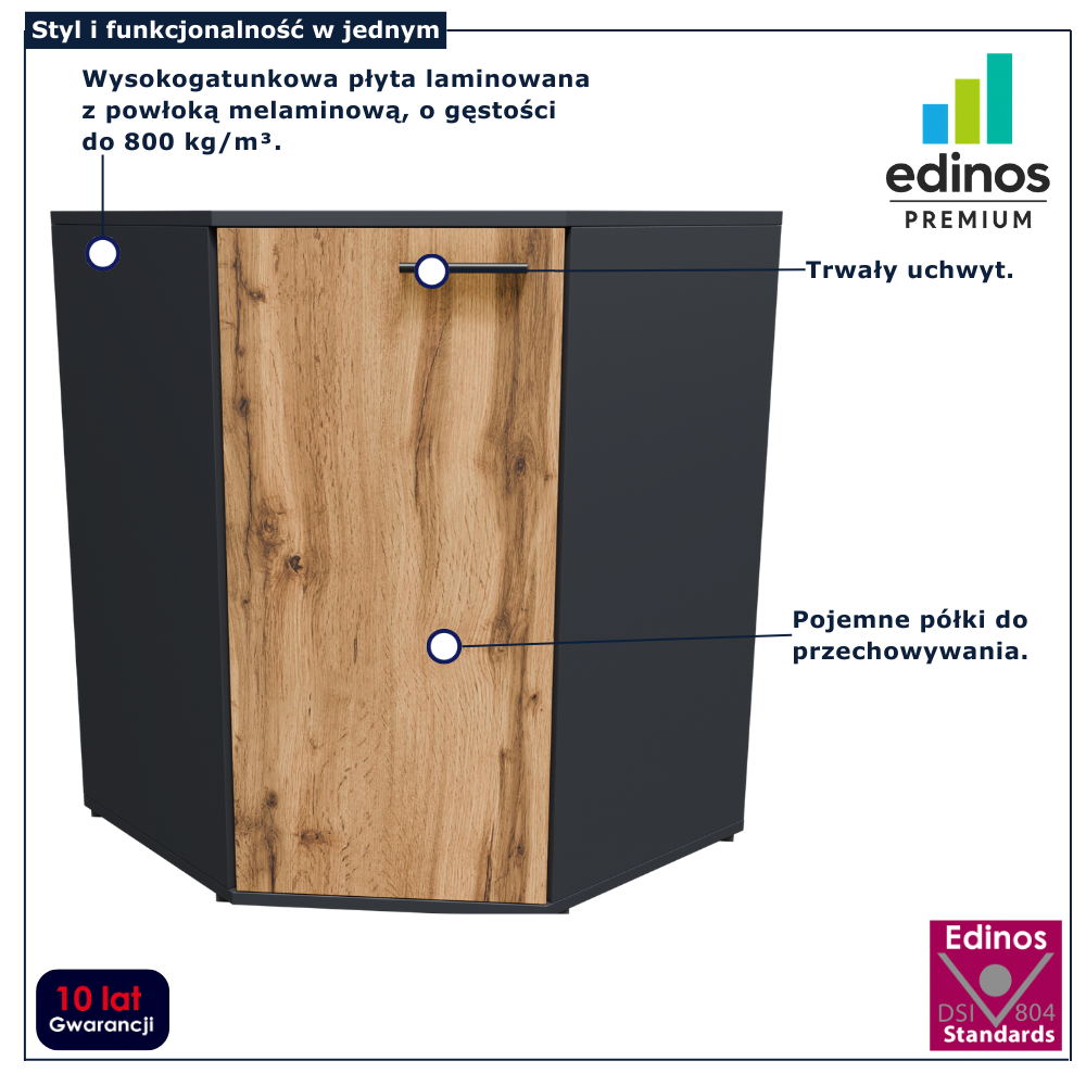 Komoda narożna jednodrzwiowa z półkami Asendri 6X grafit + dąb wotan