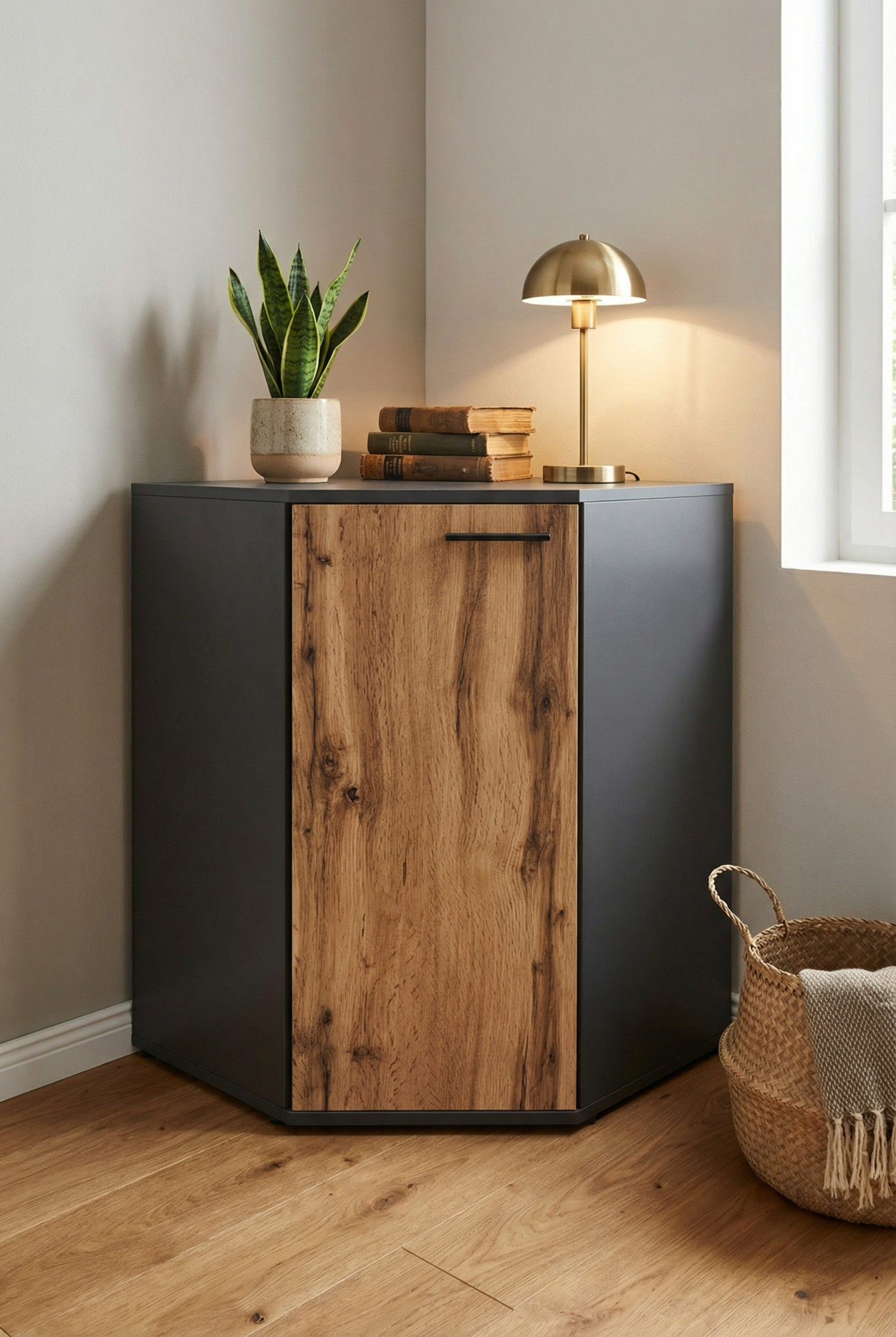 Szafka narożna z półkami Asendri 6X grafit + dąb wotan w przykładowej aranżacji