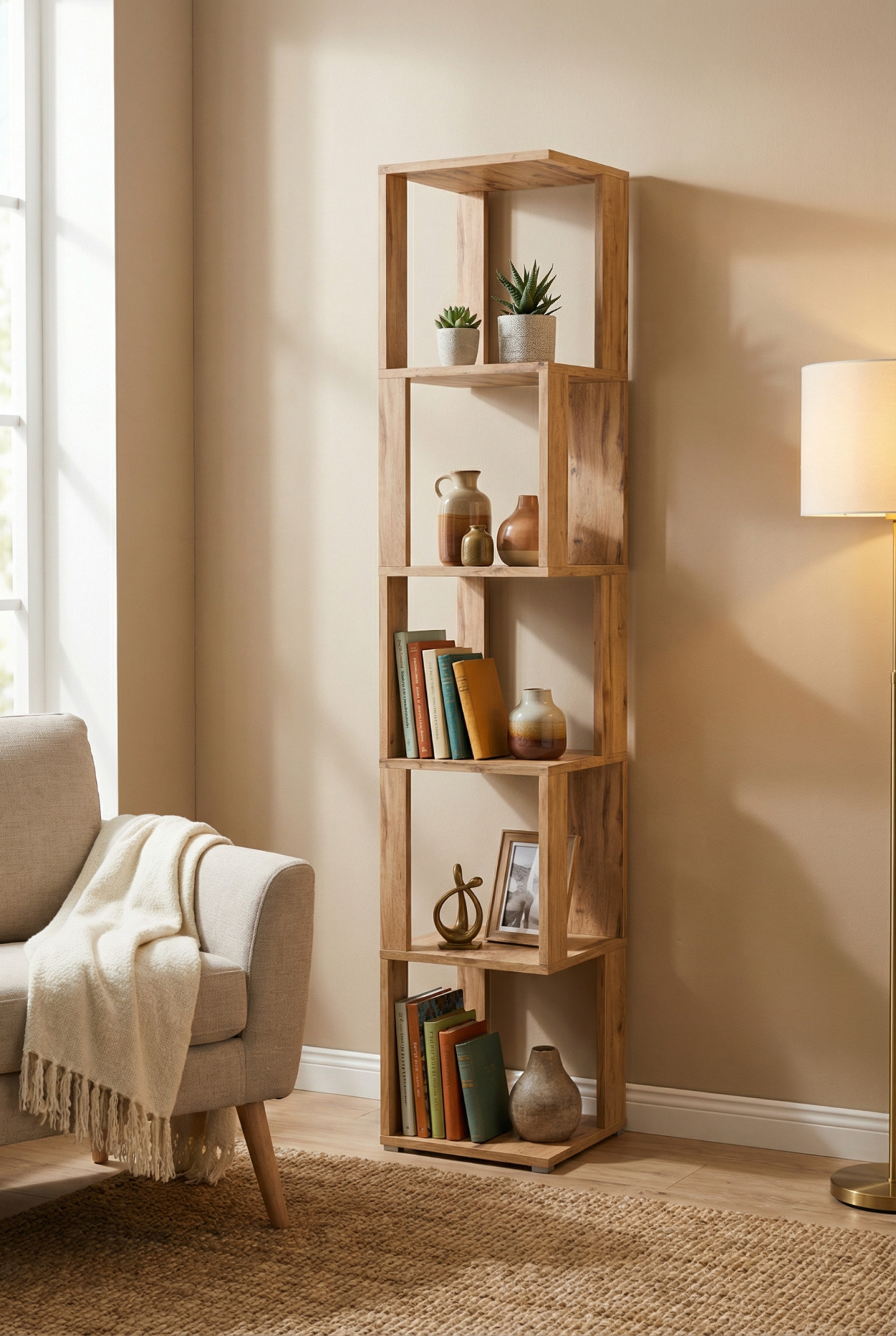 Salon z wykorzystaniem regału na książki Asendri 7X dąb wotan