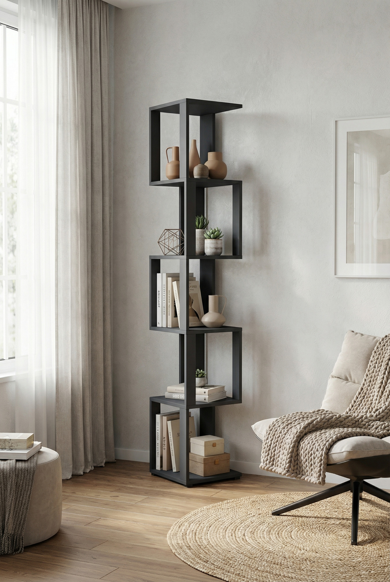 Salon z wykorzystaniem grafitowego regału Asendri 7X