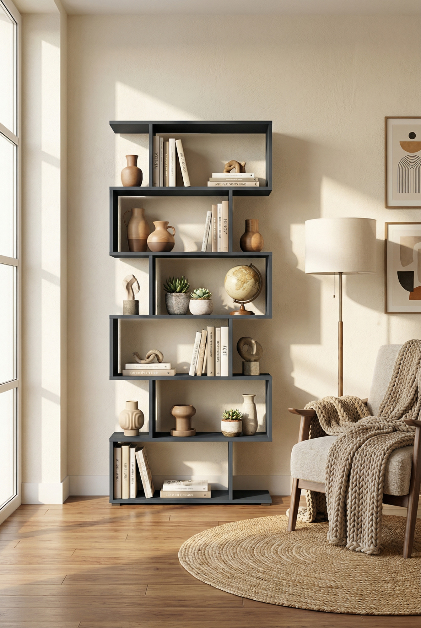 Wykorzystanie ażurowego regału Asendri 10X grafit w nowoczesnym wnętrzu