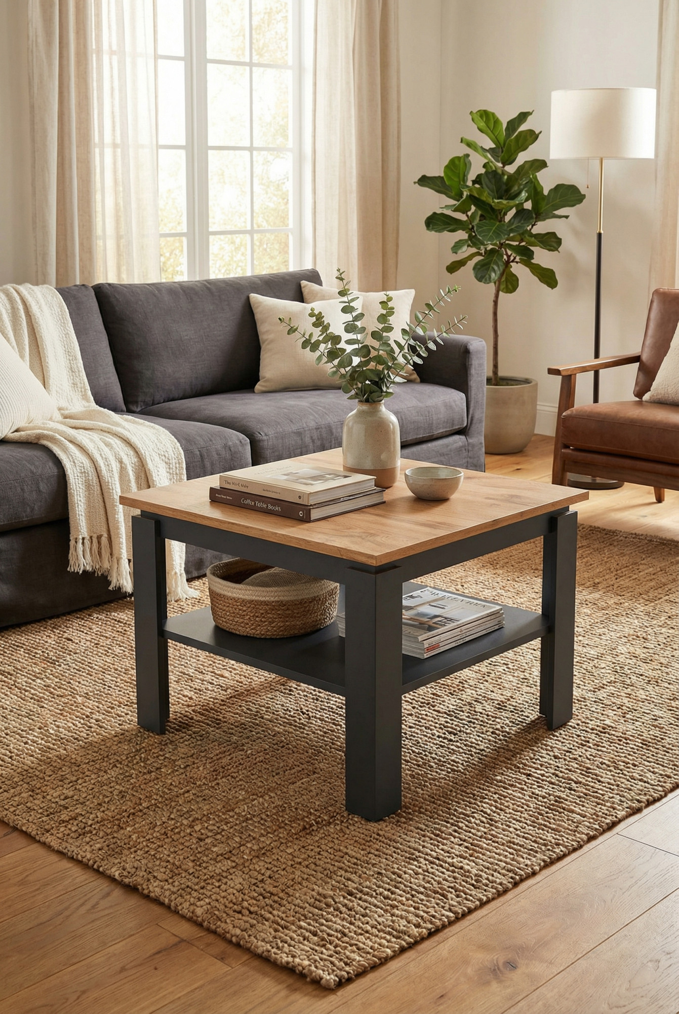 Wnętrze z wykorzystaniem stolika kawowego Asendri 11X grafit + dąb wotan