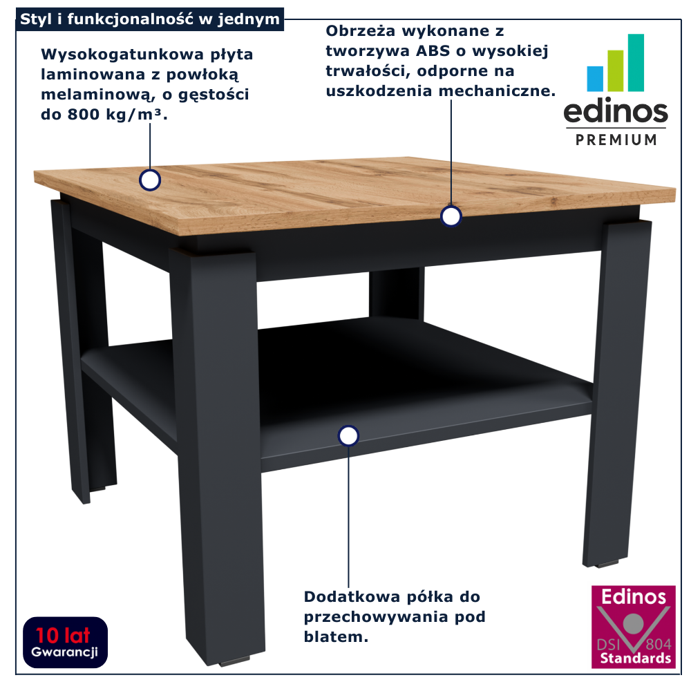 Mały kwadratowy stolik kawowy Asendri 11X grafit + dąb wotan