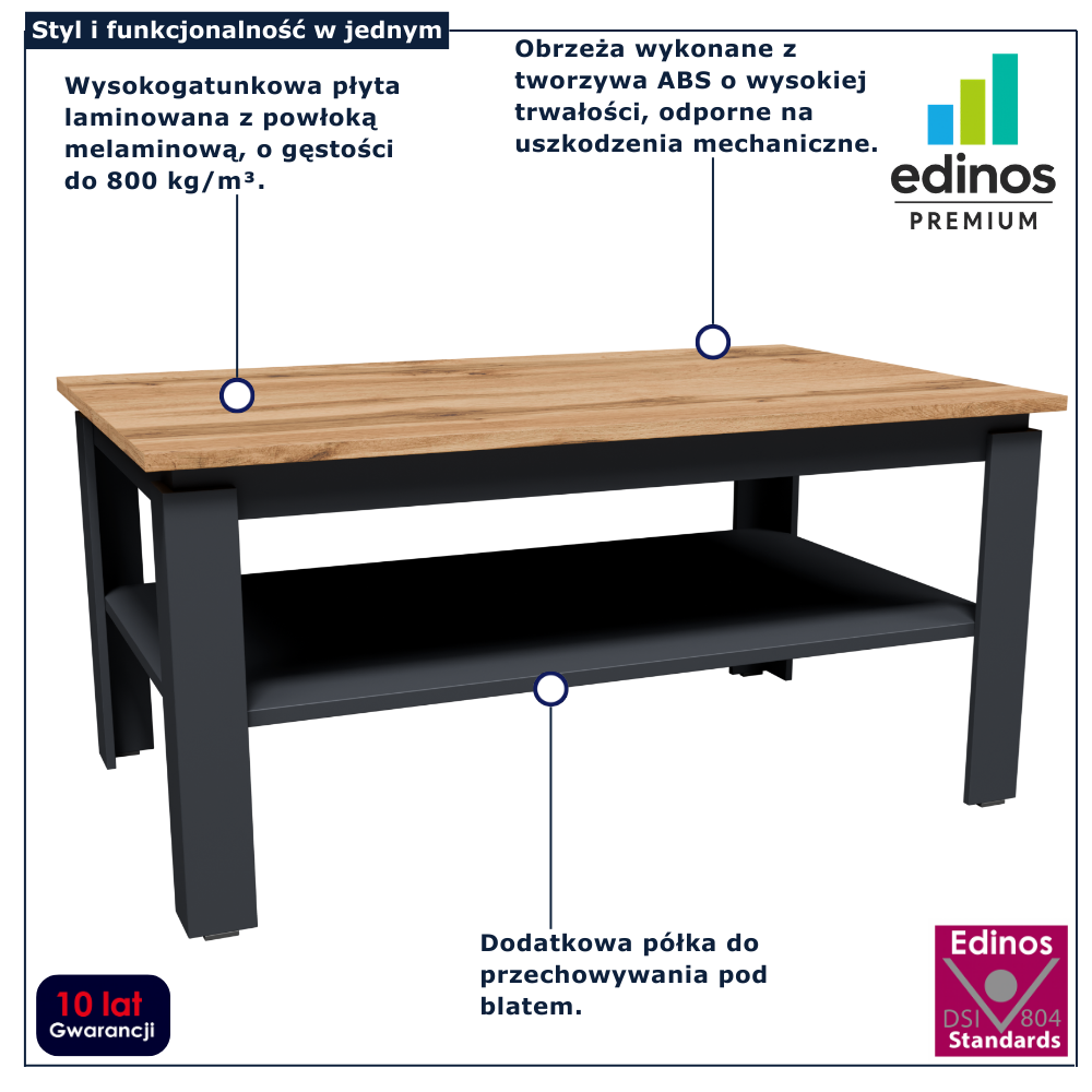 Prostokątna ława kawowa grafit + dąb artisan Asendri 12X