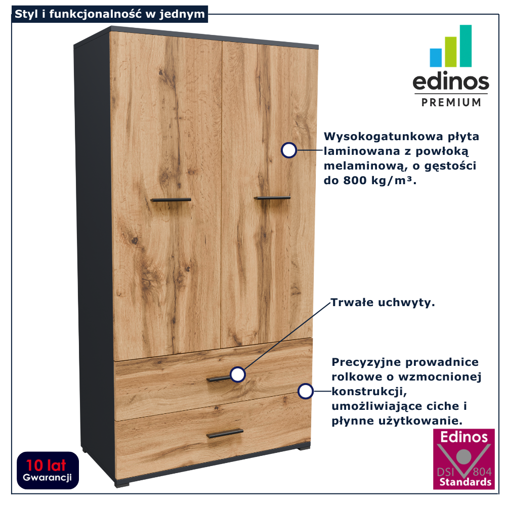 Szafa z półkami i szufladami Asendri 14X grafit + dąb wotan