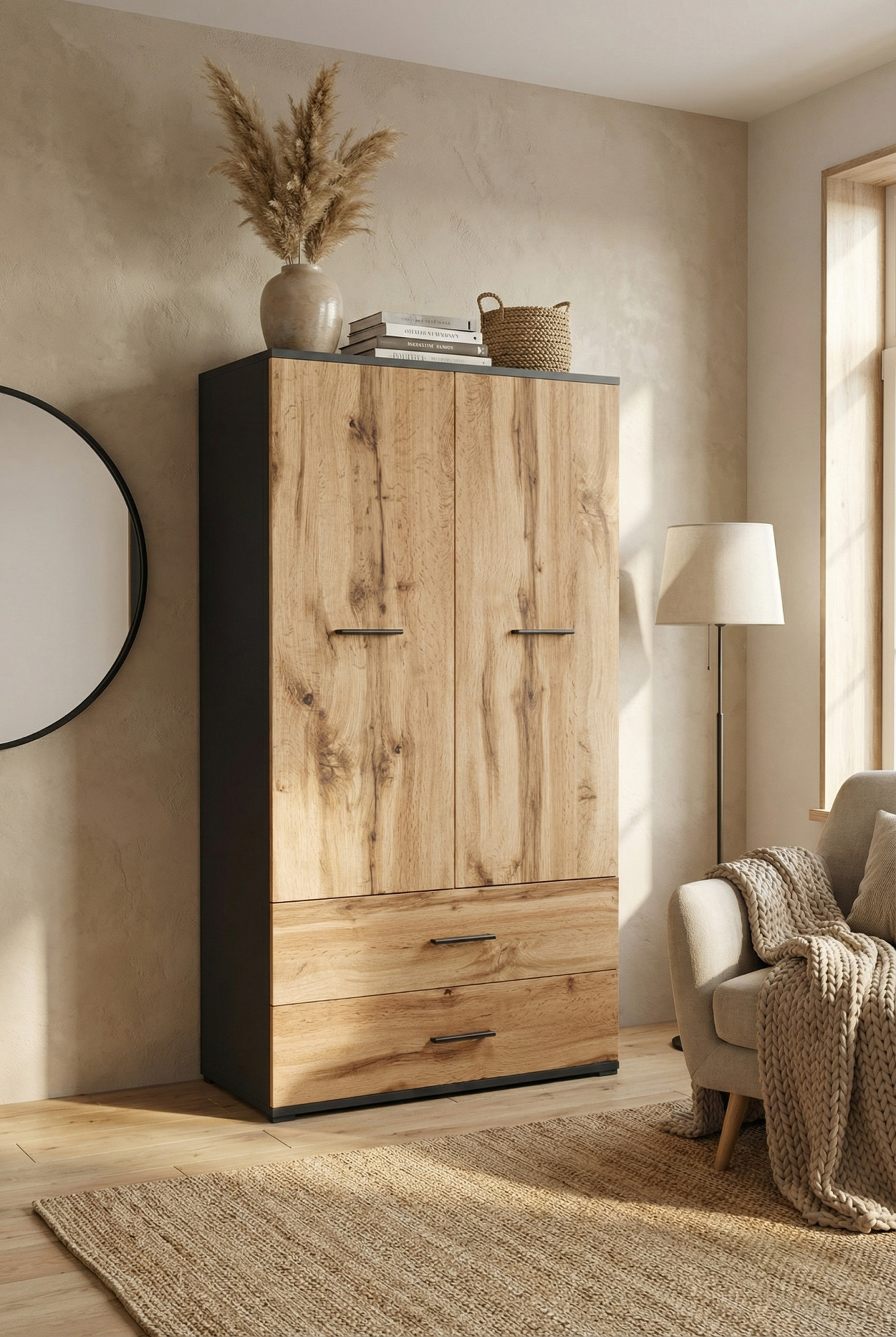 Aranżacja z szafą z półkami i szufladami Asendri 14X grafit + dąb wotan