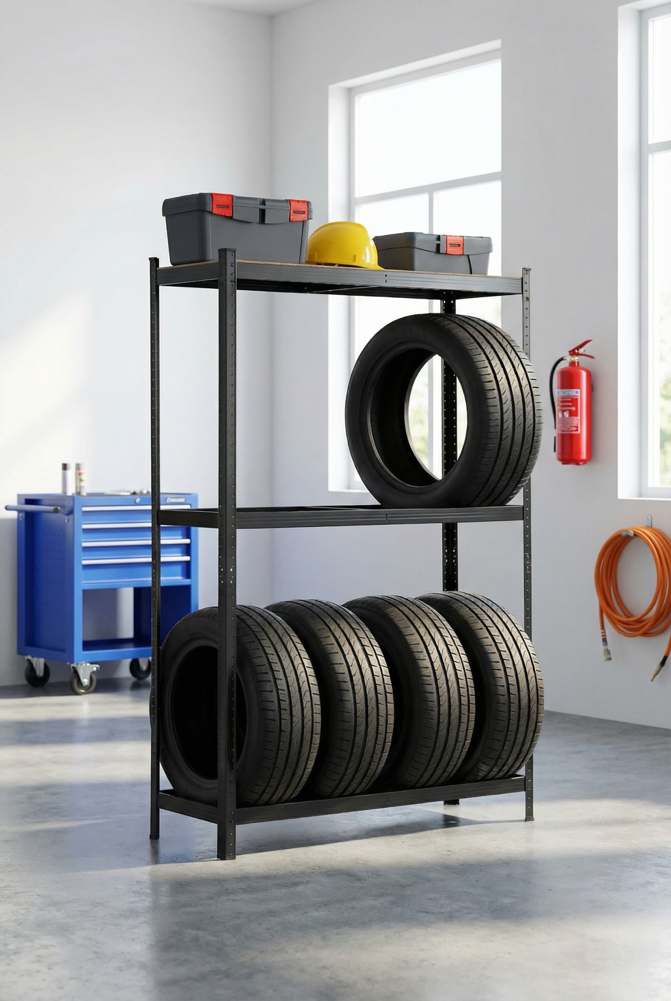 Wnętrze garażu z regałem czarnym na opony Trovix